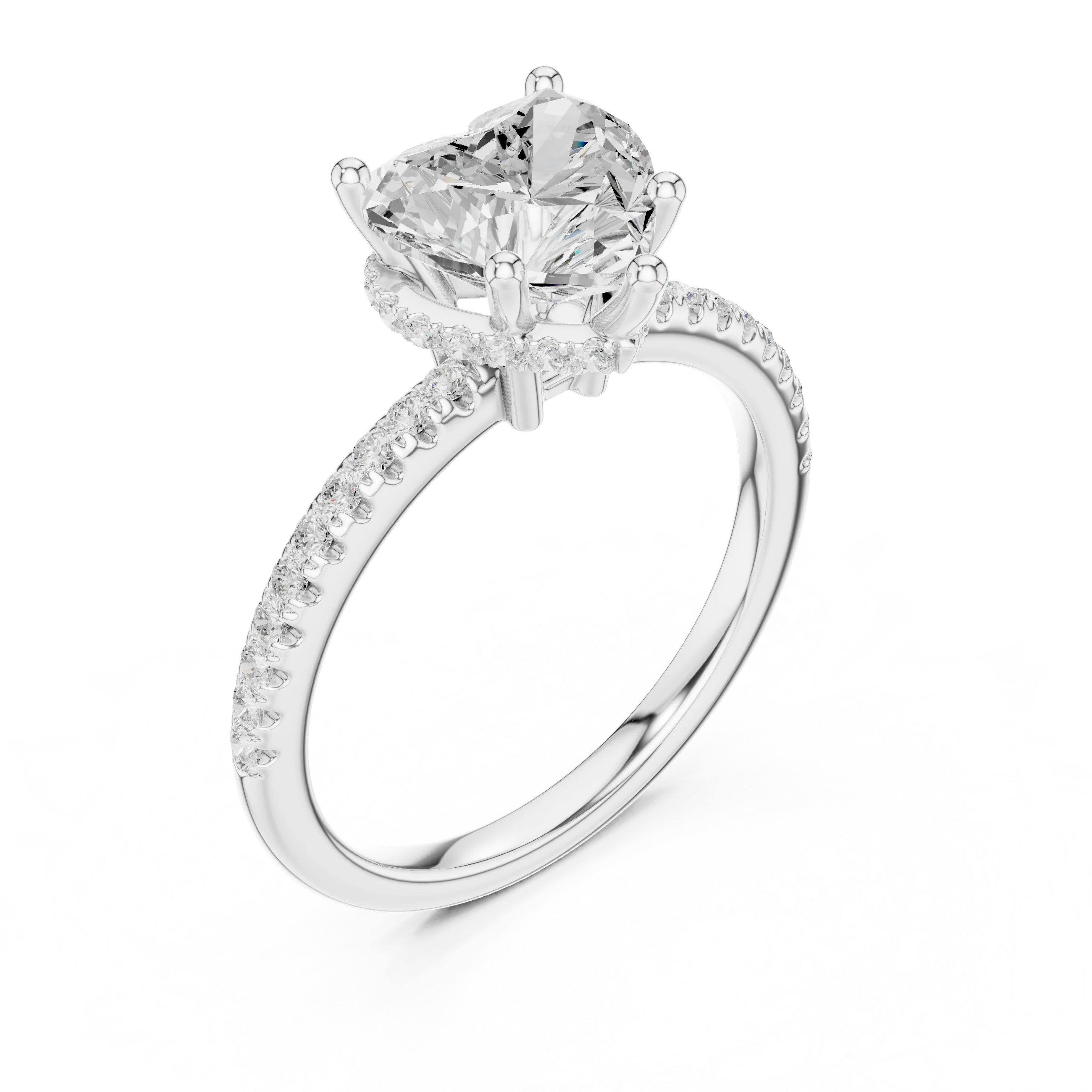 Front view of white gold heart cut solitaire ring with thin pave band and lab-created diamond