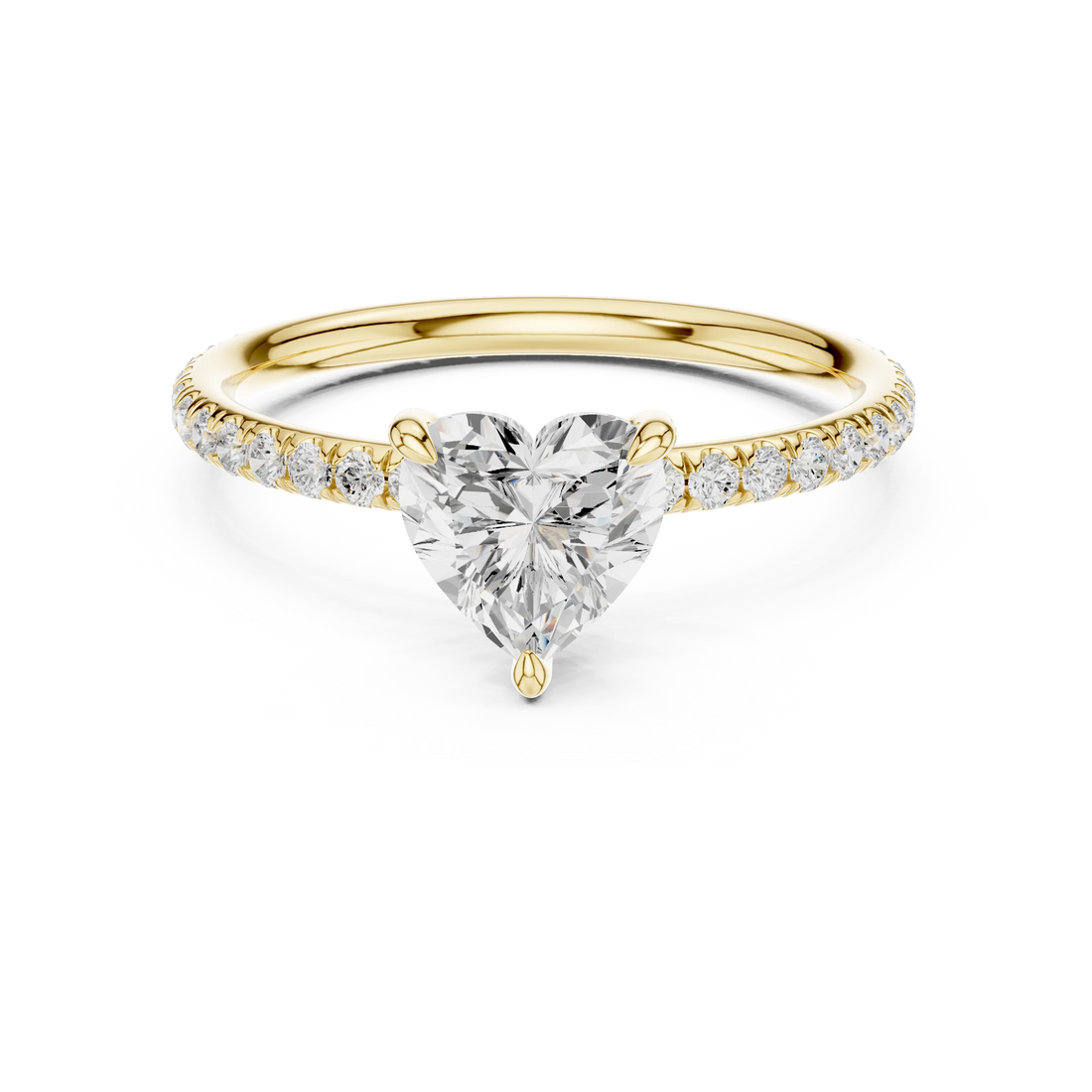 Lab-grown heart shape solitaire ring in yellow gold with thin pavé diamond band
