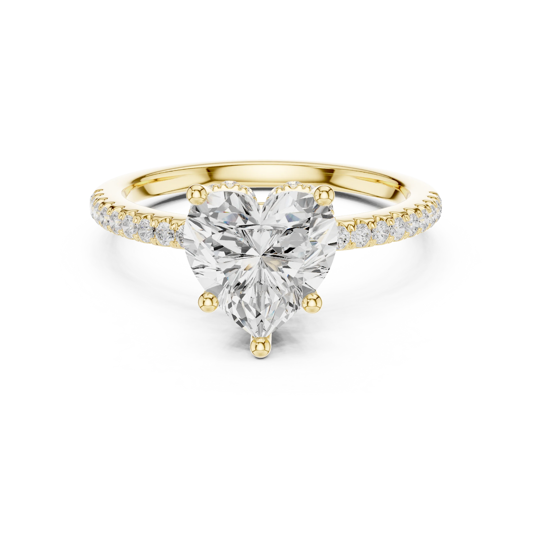 Yellow gold heart cut solitaire ring with thin pave band and lab-grown diamond, elegant romantic style