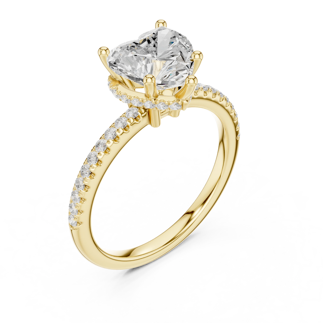 Front view of yellow gold heart cut solitaire ring with thin pave band and lab-created diamond