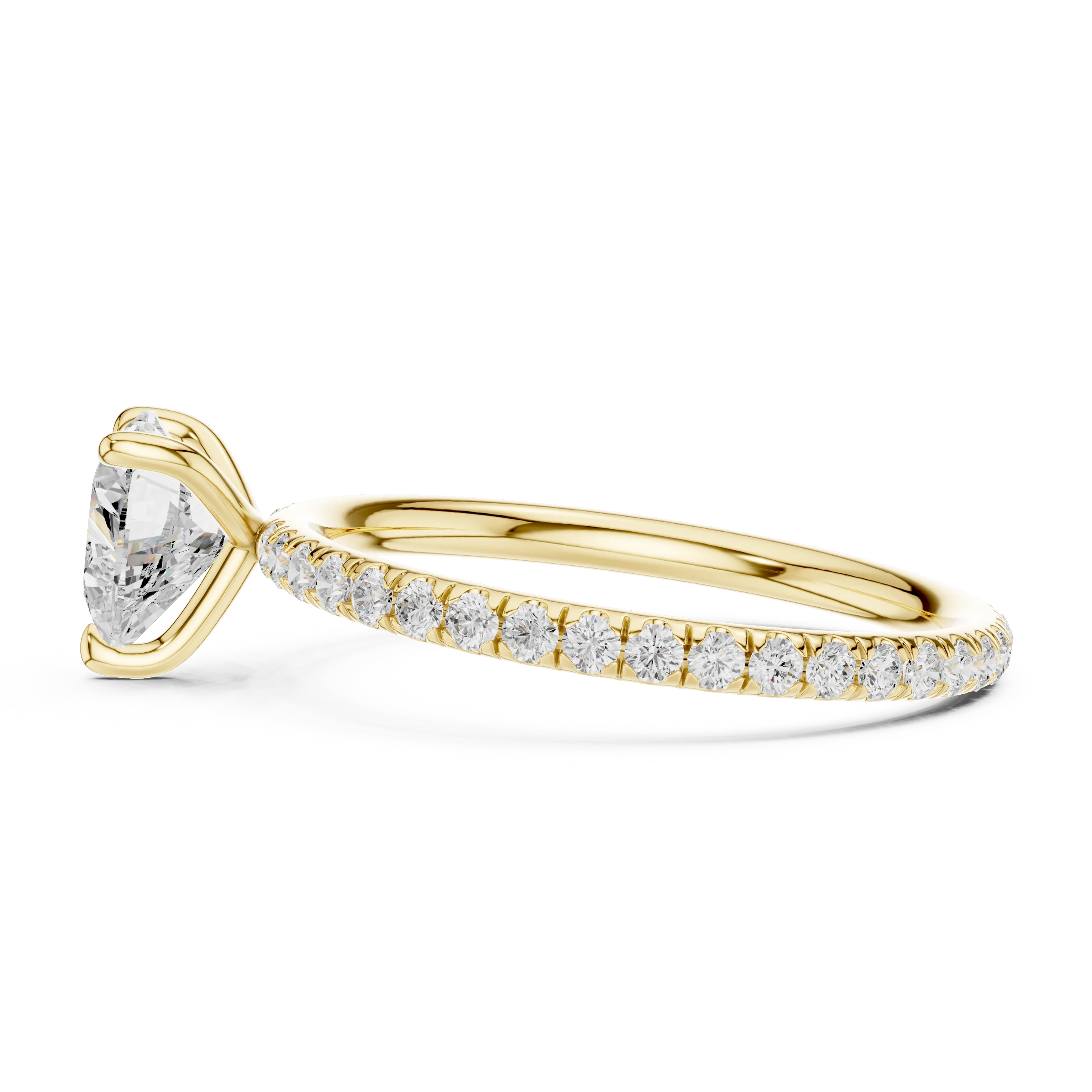 Side view of yellow gold heart shape solitaire ring with thin pavé diamond band and prong setting
