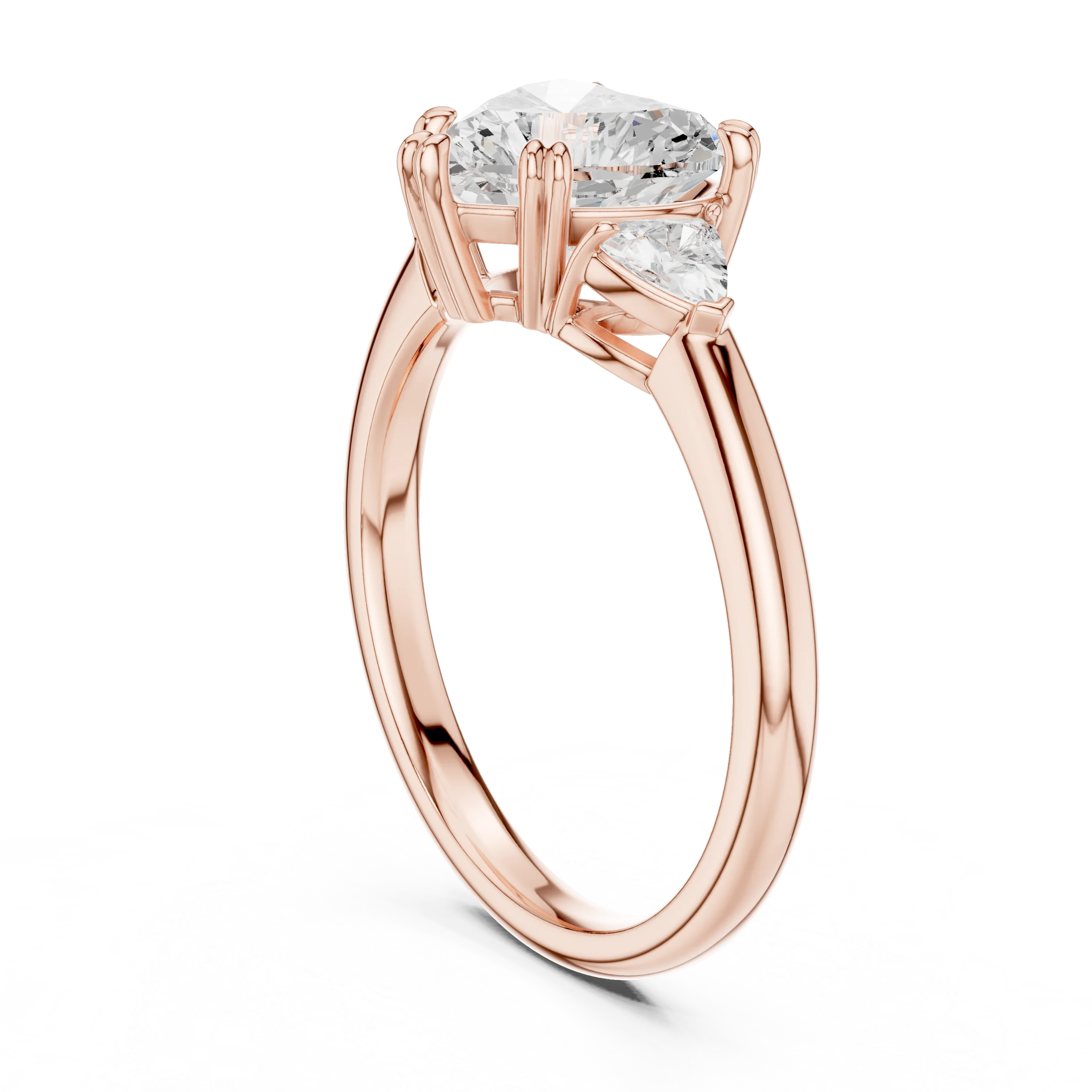 Back view of rose gold heart three-stone ring with half-moon side stones and lab-grown diamond – Australia