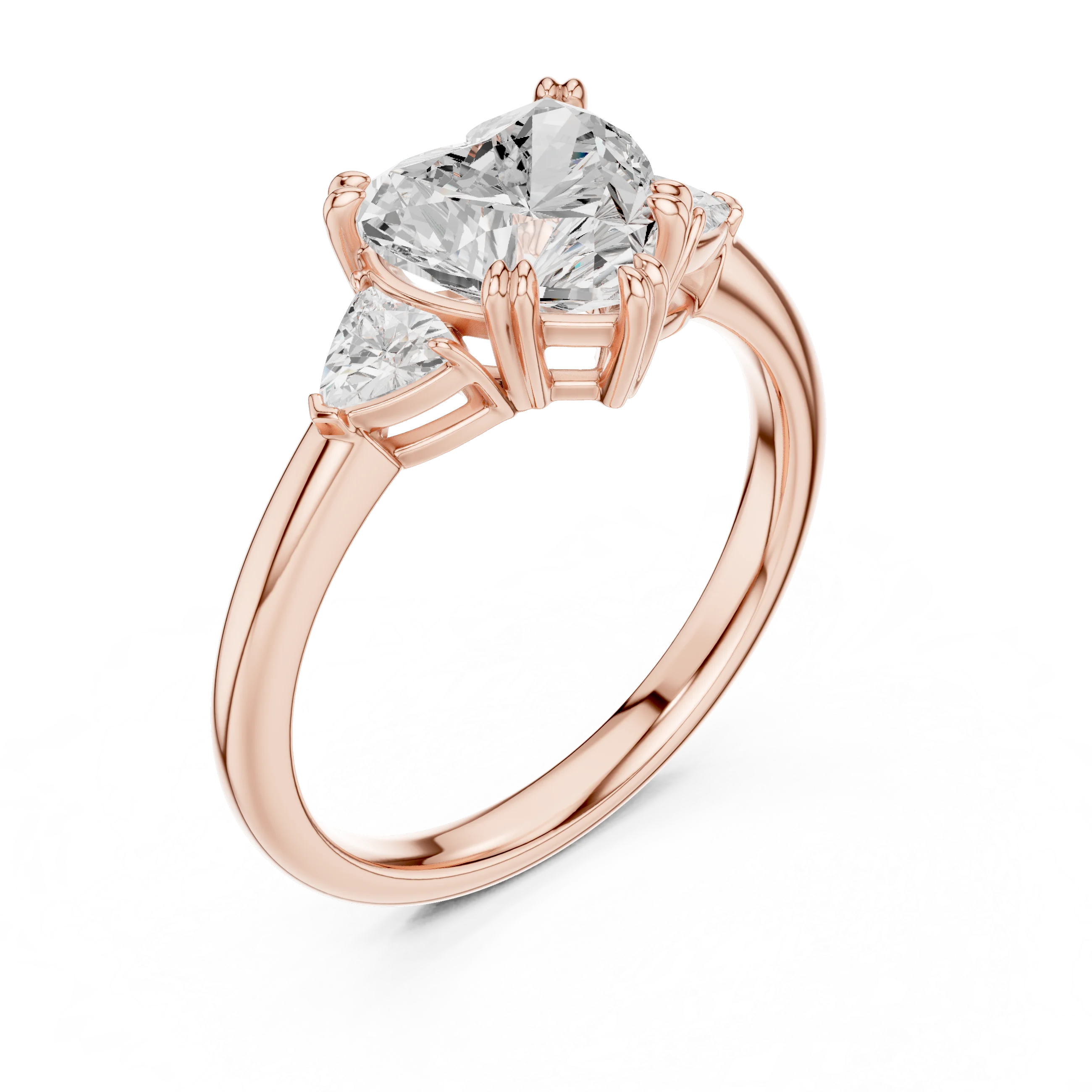 Front view of rose gold heart three-stone ring with half-moon side stones and lab-grown diamond – Australia