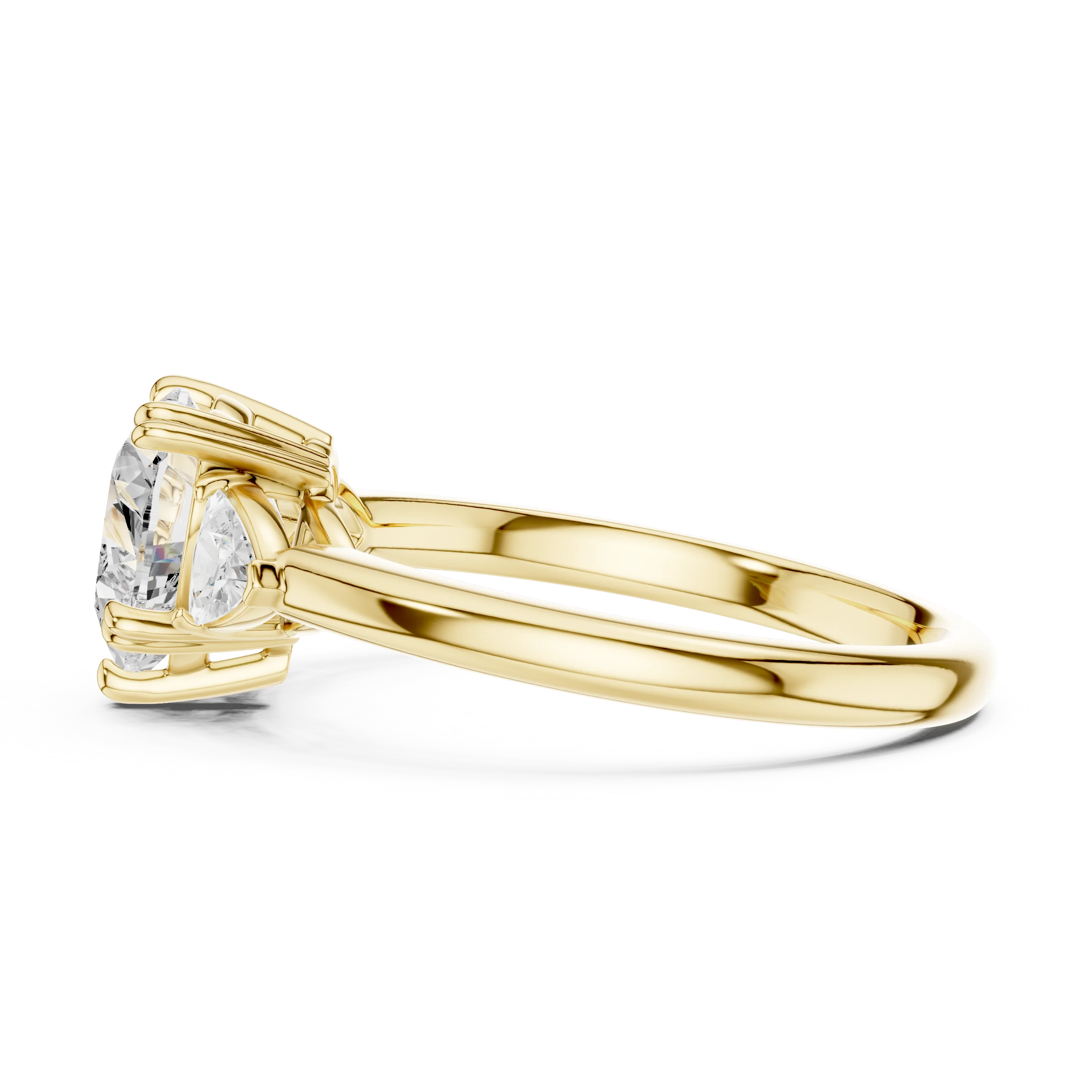 Side view of yellow gold heart three-stone ring with half-moon side stones and lab-grown diamond – Australia