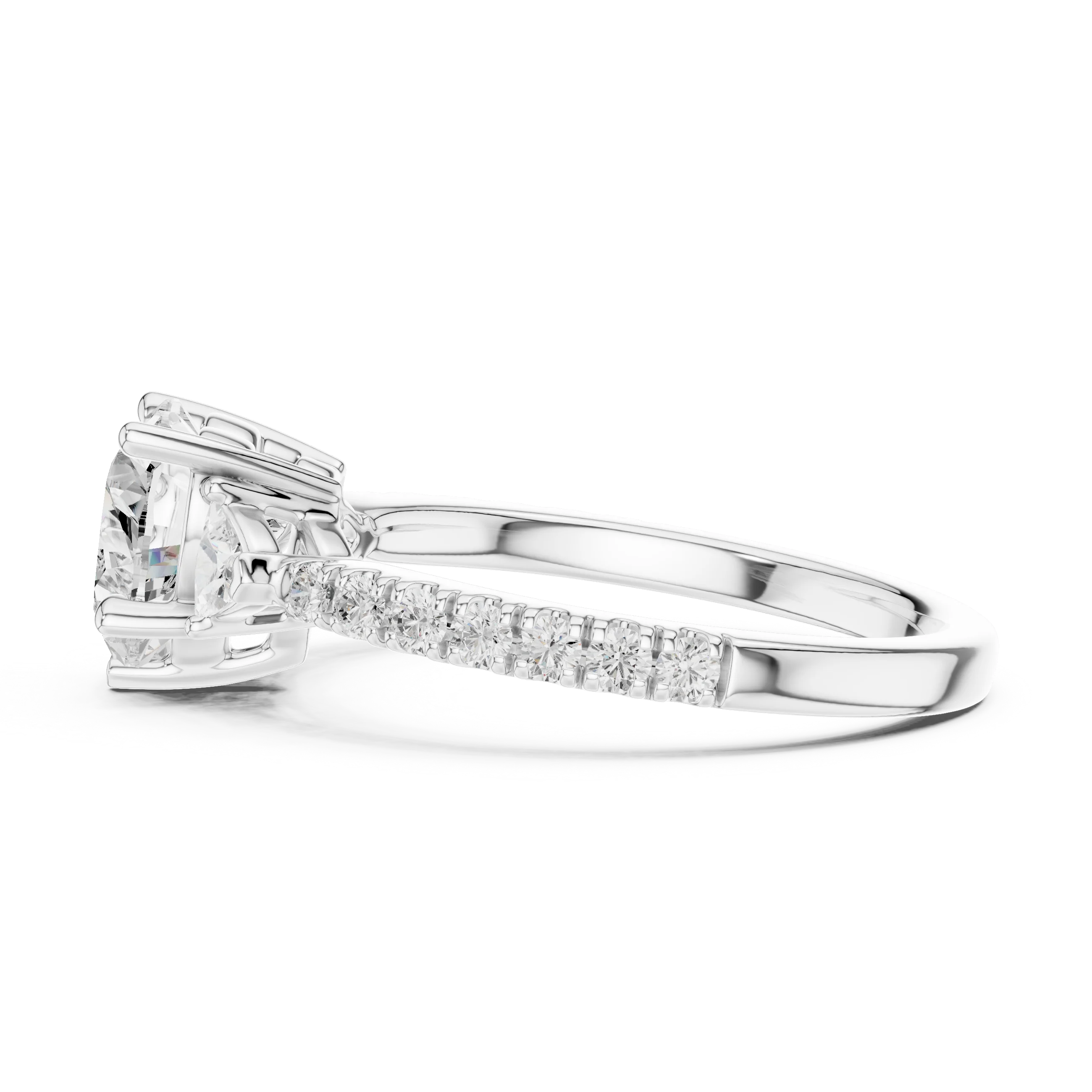 Side view of white gold heart shape three stone diamond ring with half moon side stones and pave band, highlighting setting profile.