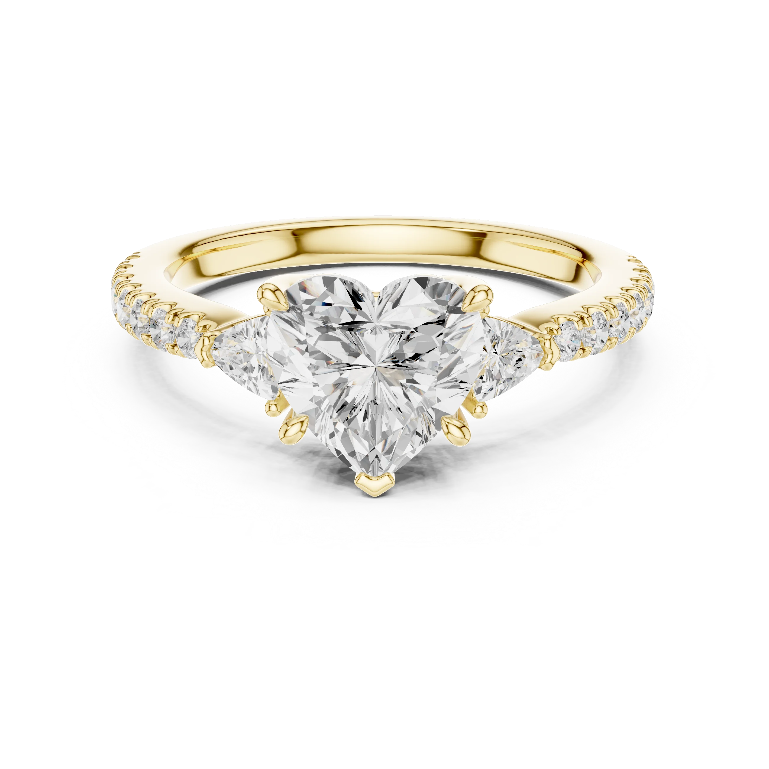 Lab-grown heart shape three stone diamond ring with half moon side stones and pave band in yellow gold, top view