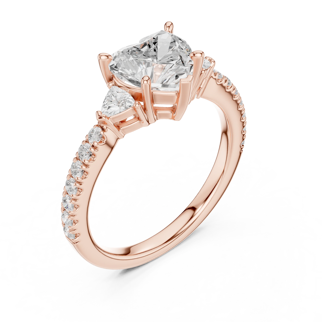 Front view of rose gold heart shape three stone diamond pave ring, showcasing gemstone brilliance.