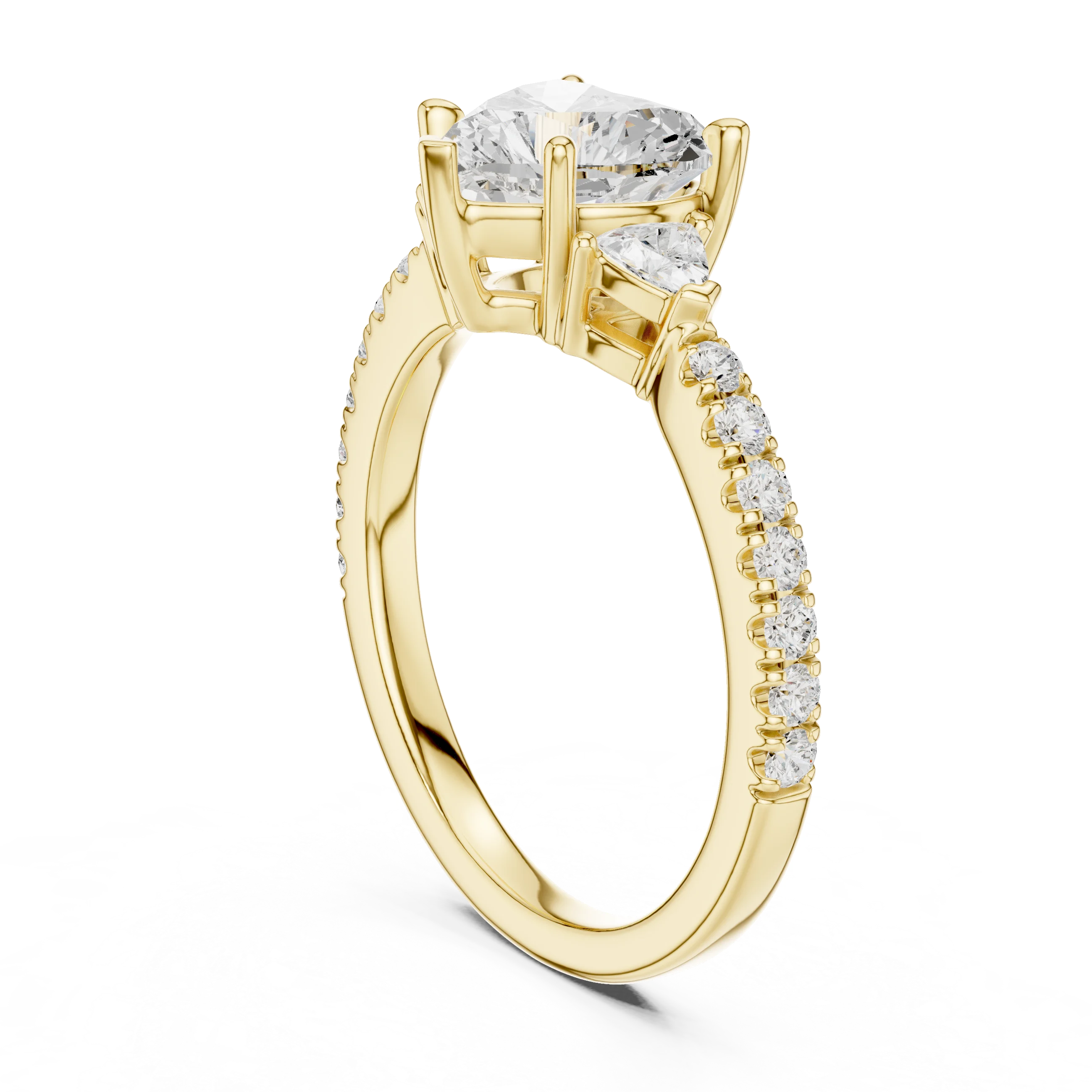 Back side view of yellow gold heart shape three stone diamond pave ring, showing band structure.