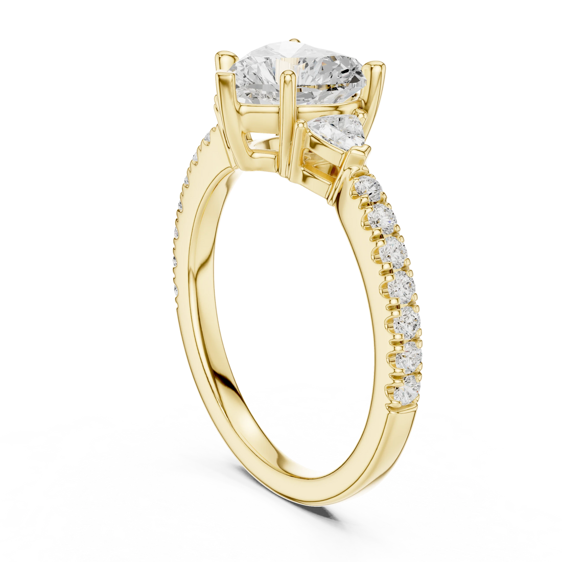 Back side view of yellow gold heart shape three stone diamond pave ring, showing band structure.