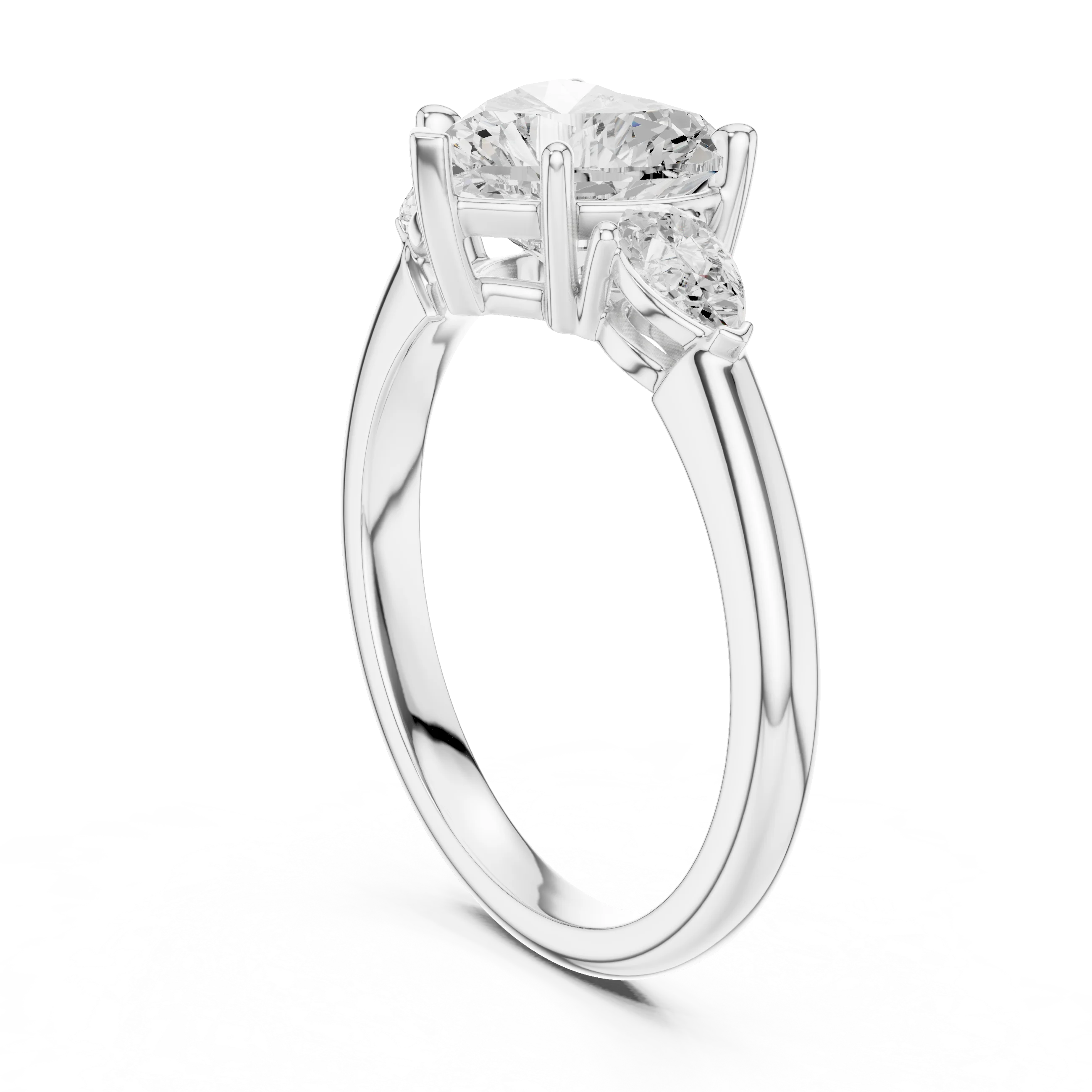 Back side view of white gold heart three-stone ring with pear side stones and lab-grown diamond – Australia