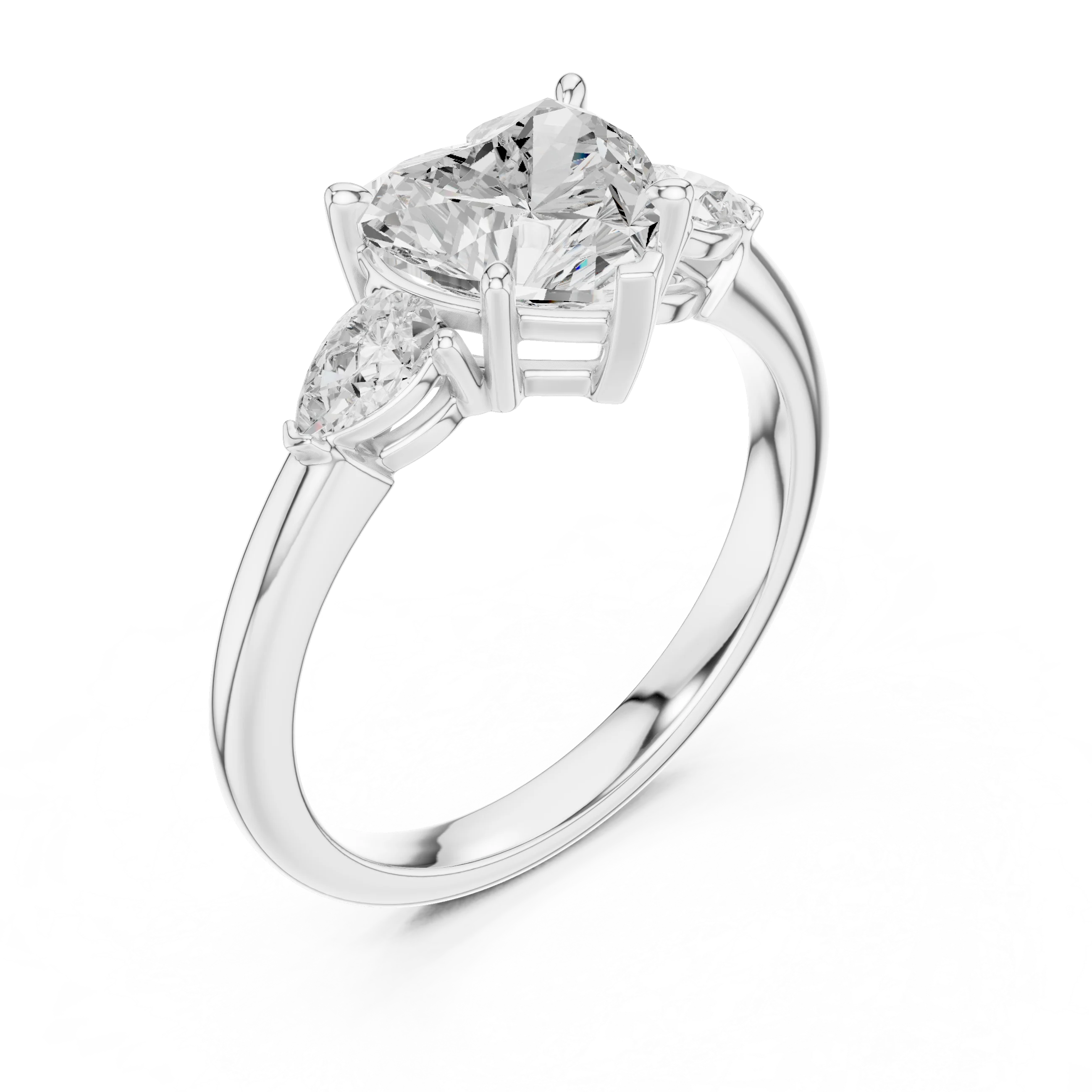 Front view of white gold heart three-stone ring with pear side stones and lab-grown diamond – Australia