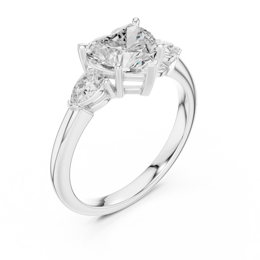 Front view of white gold heart three-stone ring with pear side stones and lab-grown diamond – Australia
