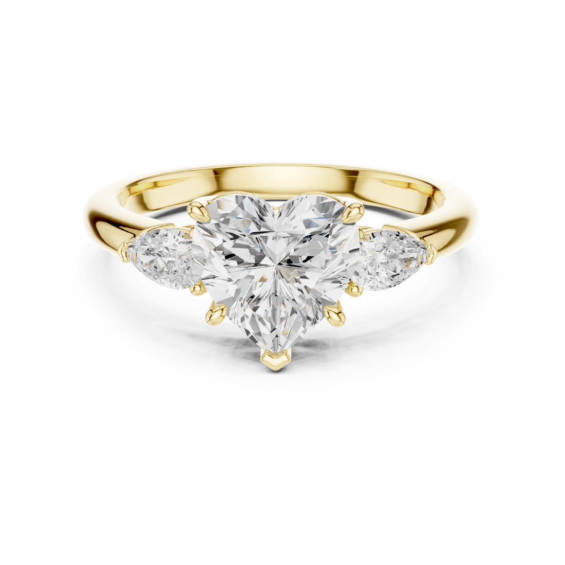 Heart three-stone ring in yellow gold with pear side stones and lab-grown diamond – Australia