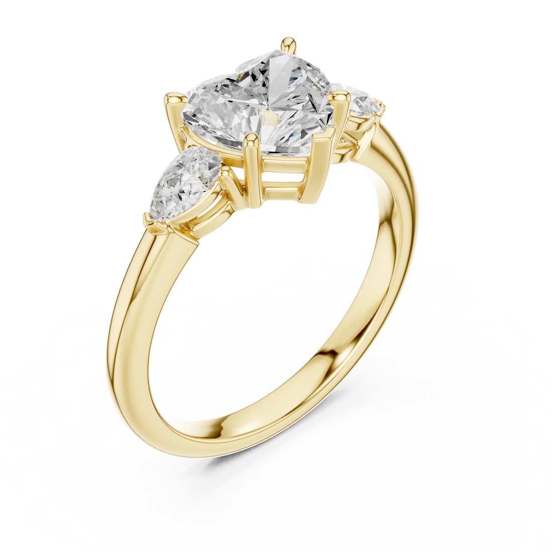 Front view of yellow gold heart three-stone ring with pear side stones and lab-grown diamond – Australia