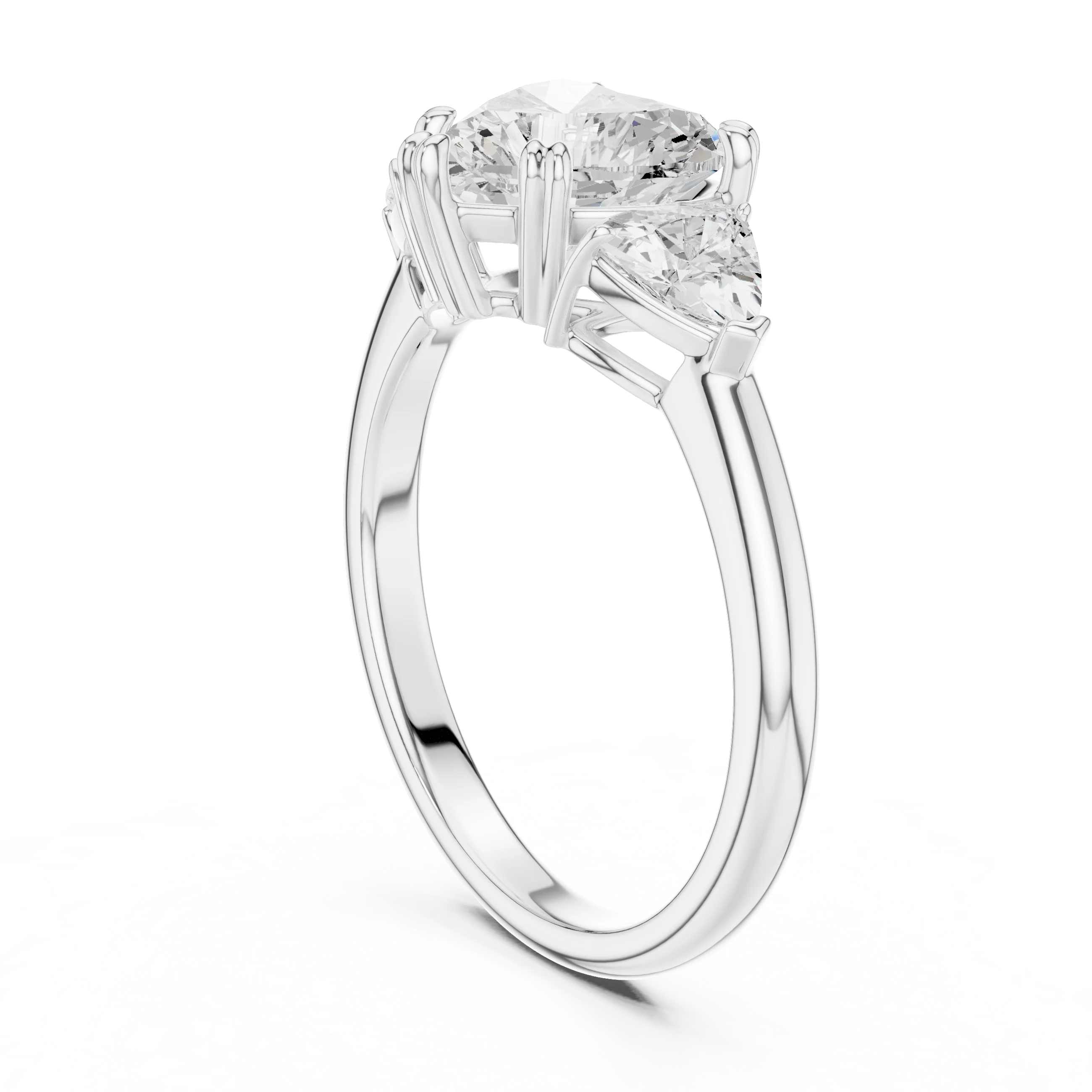 Back side view of white gold heart three-stone ring with trillion cut side stones and lab-grown diamond – Australia