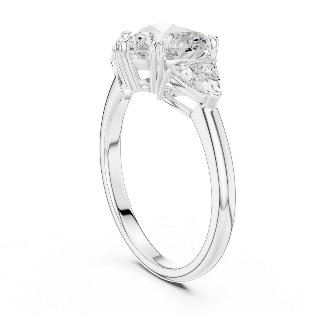 Back side view of white gold heart three-stone ring with trillion cut side stones and lab-grown diamond – Australia
