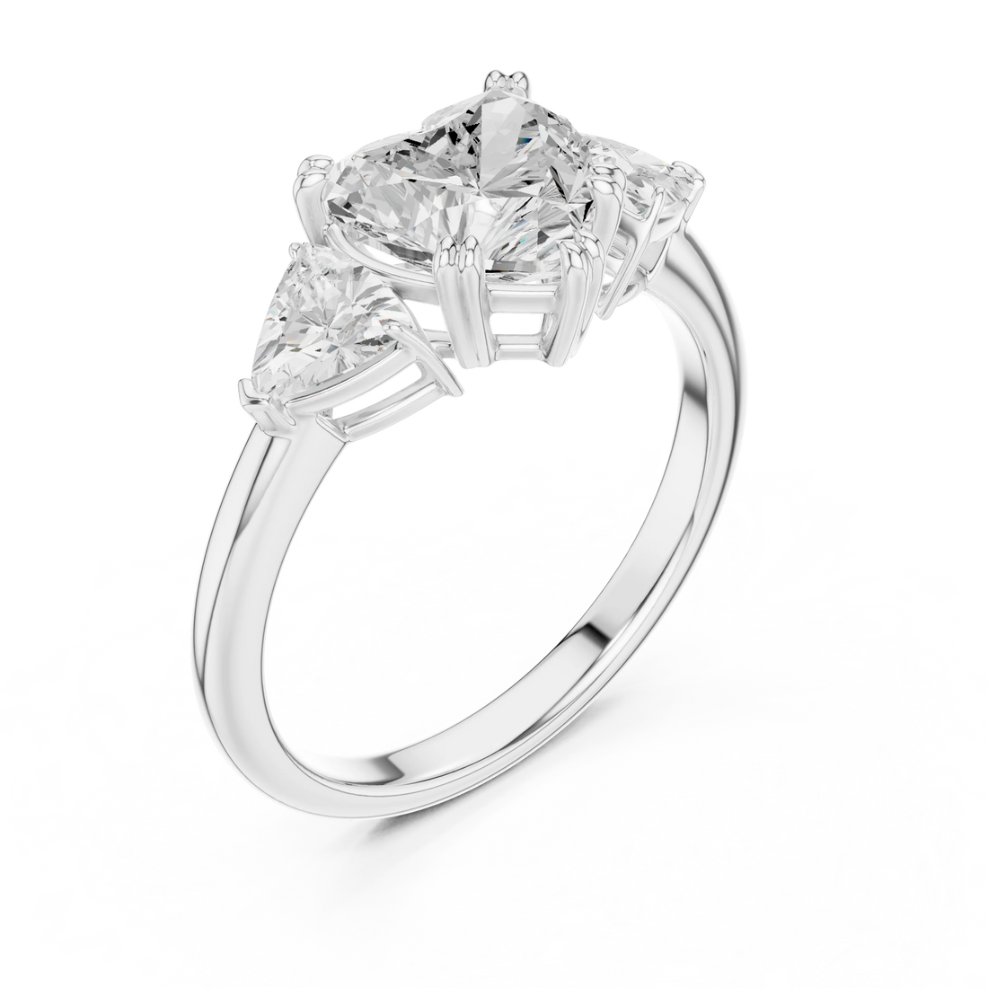 Front view of white gold heart three-stone ring with trillion cut side stones and lab-grown diamond – Australia