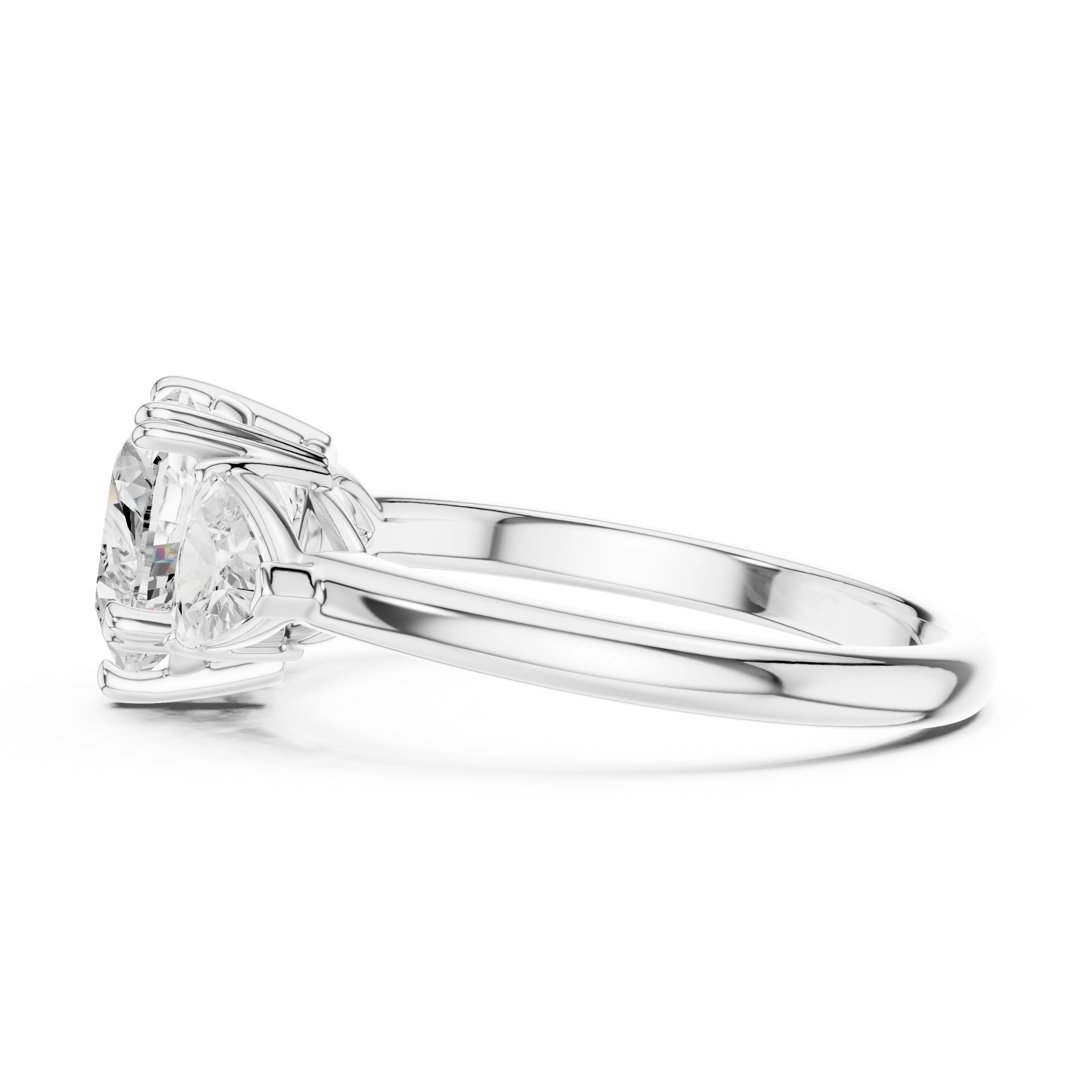 Side view of white gold heart three-stone ring with trillion cut side stones and lab-grown diamond – Australia