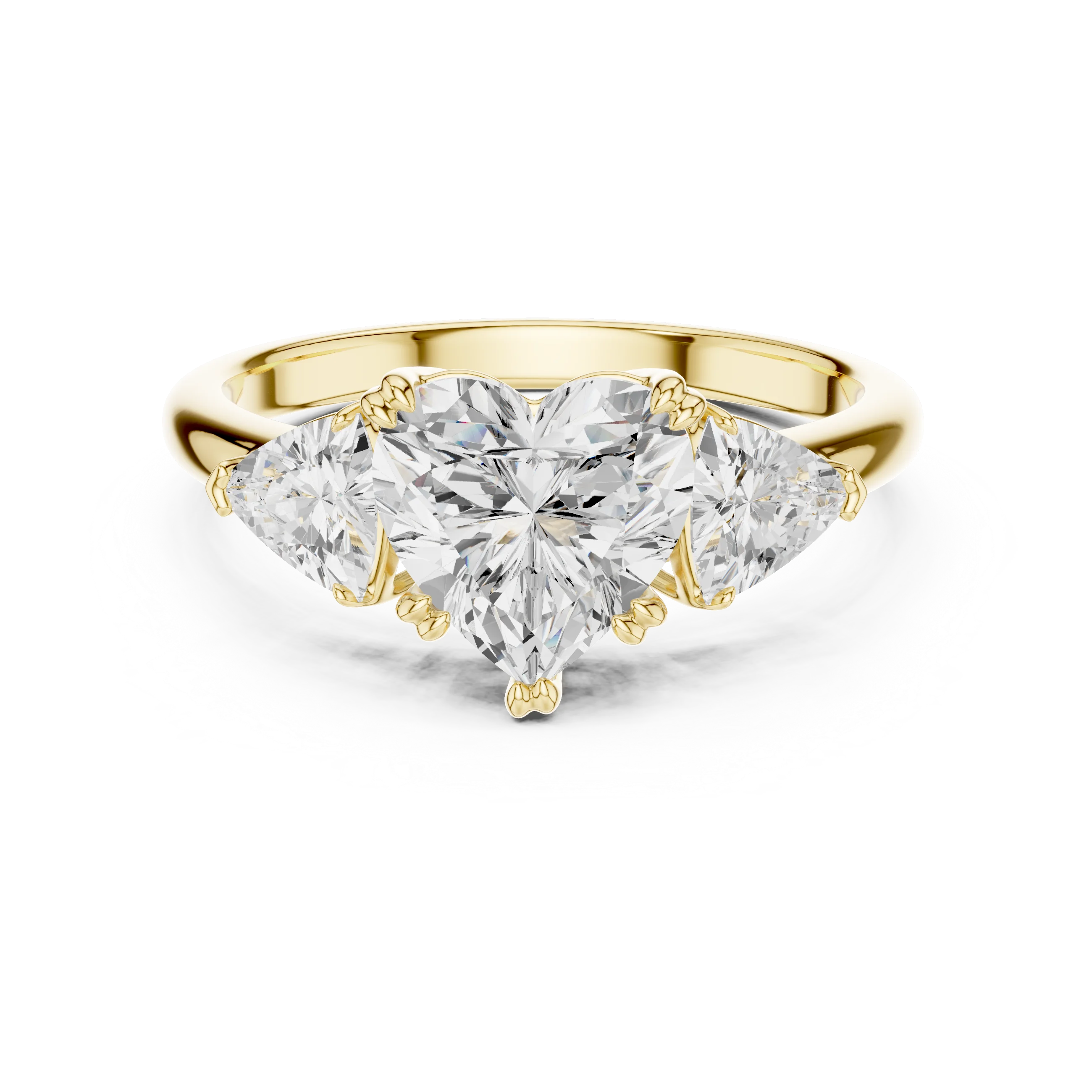 Heart three-stone ring in yellow gold with trillion cut side stones and lab-grown diamond – Australia