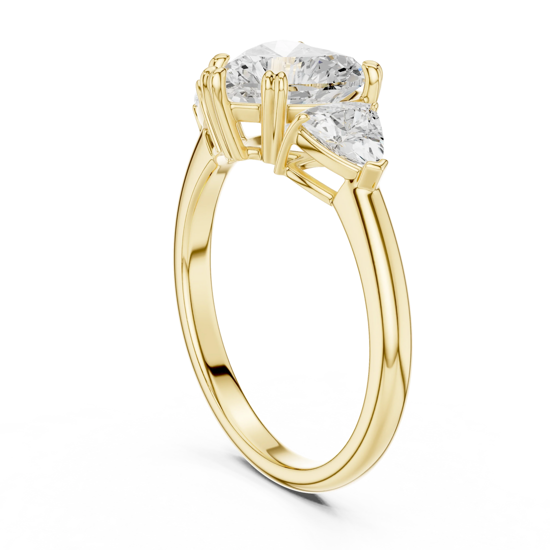 Back side view of yellow gold heart three-stone ring with trillion cut side stones and lab-grown diamond – Australia