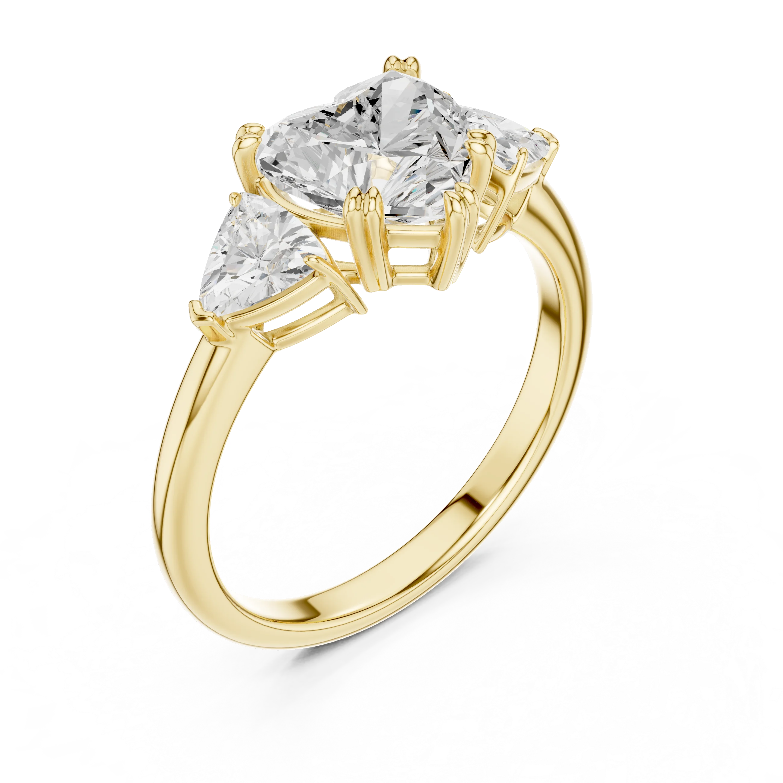 Front view of yellow gold heart three-stone ring with trillion cut side stones and lab-grown diamond – Australia