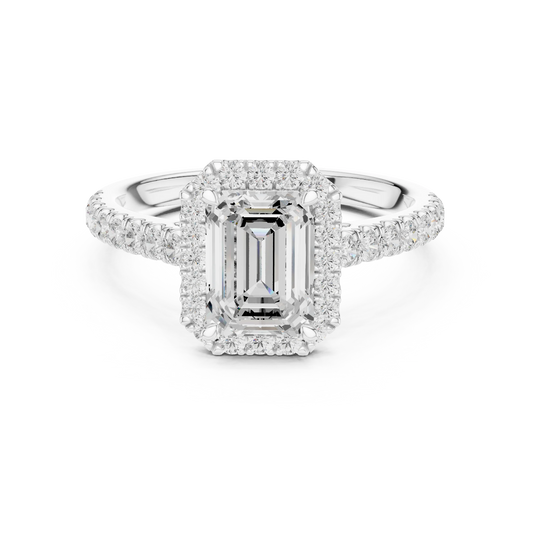 Front view of white gold imperial halo emerald cut diamond ring with lab-grown center stone surrounded by halo diamonds, refined vintage-inspired design