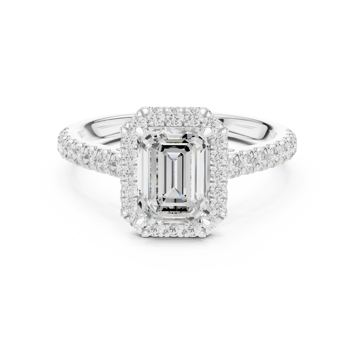 Front view of white gold imperial halo emerald cut diamond ring with lab-grown center stone surrounded by halo diamonds, refined vintage-inspired design