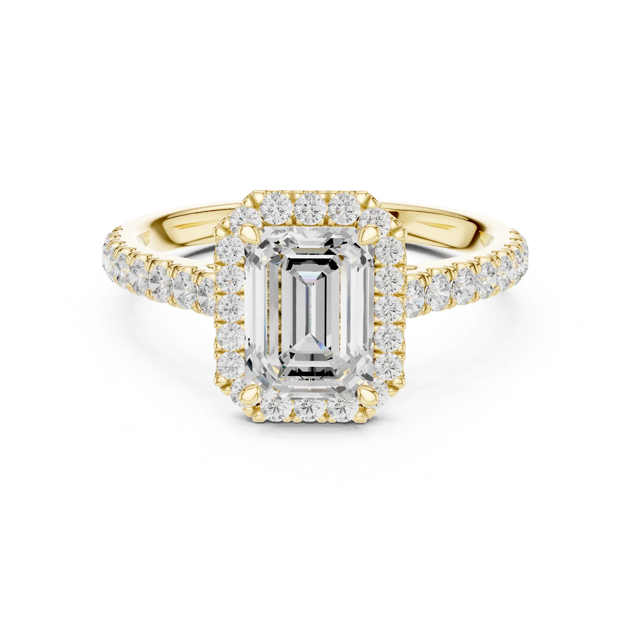 Front view of yellow gold imperial halo emerald cut diamond ring with lab-grown center stone encircled by halo diamonds, classic luxurious style