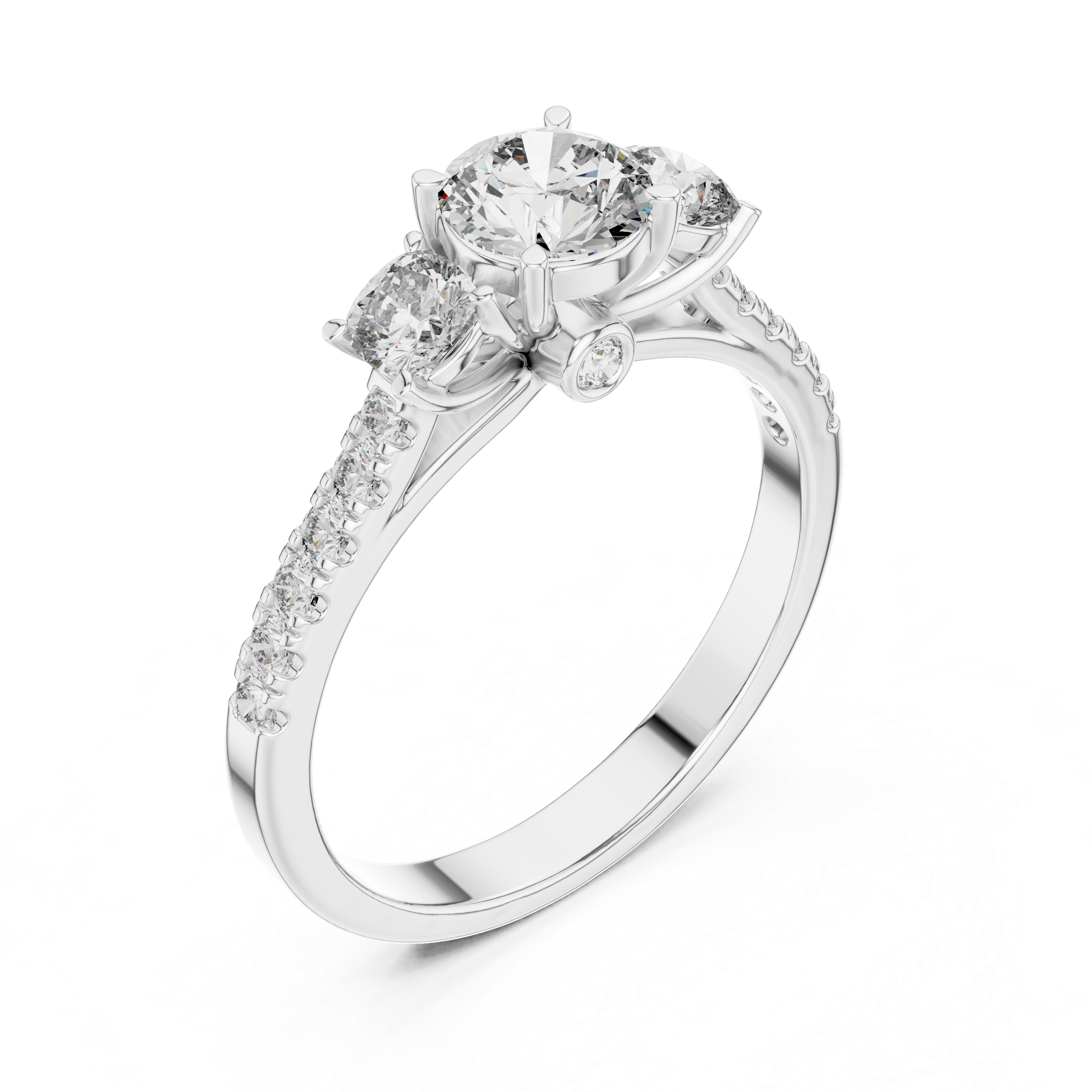 Classic Three-Stone Diamond Ring with Pavé Band
