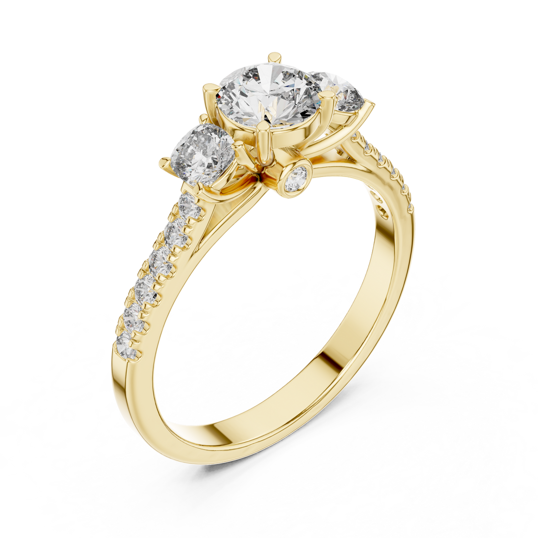 Classic Three-Stone Diamond Ring with Pavé Band