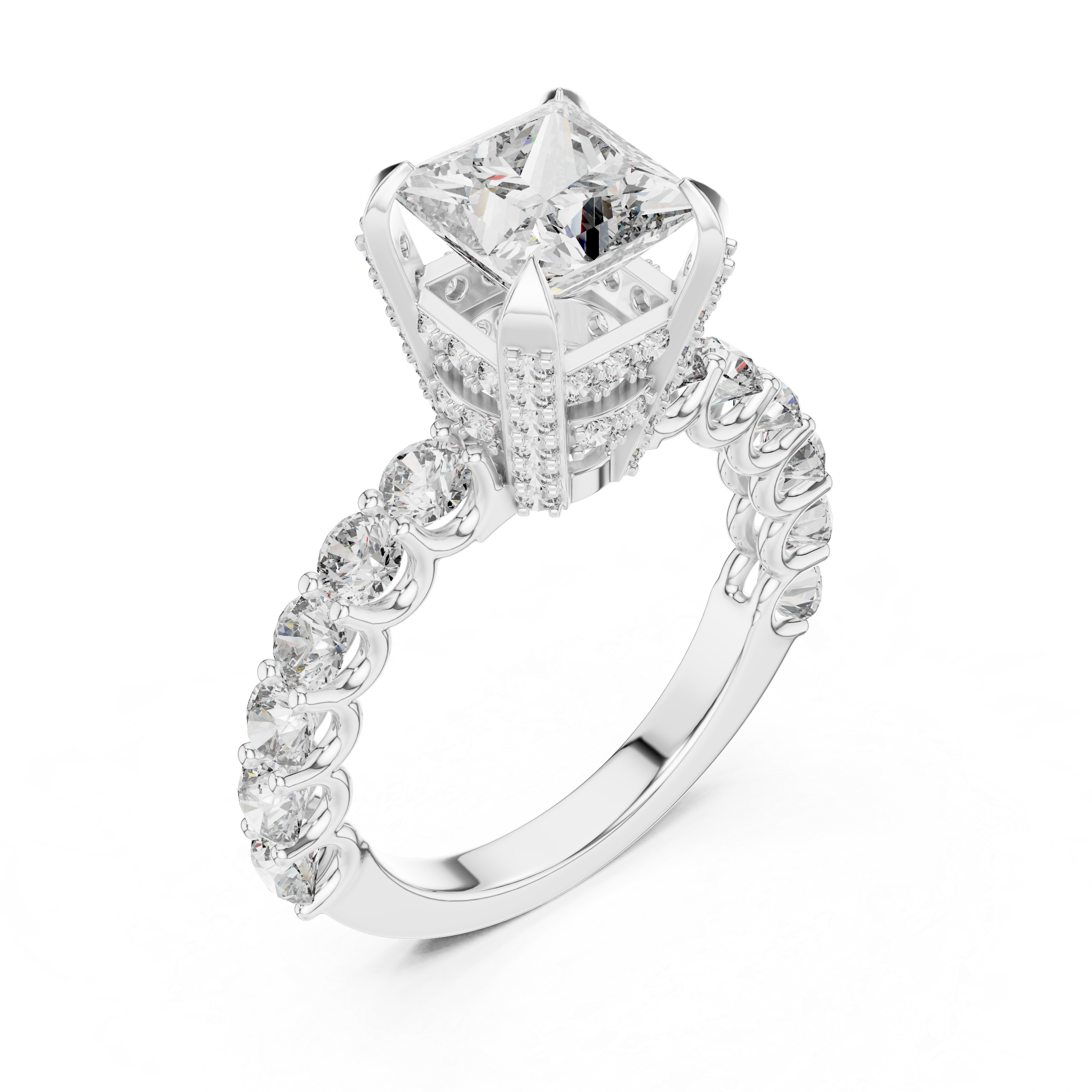 Princess Cut Diamond Ring with Pavé Band
