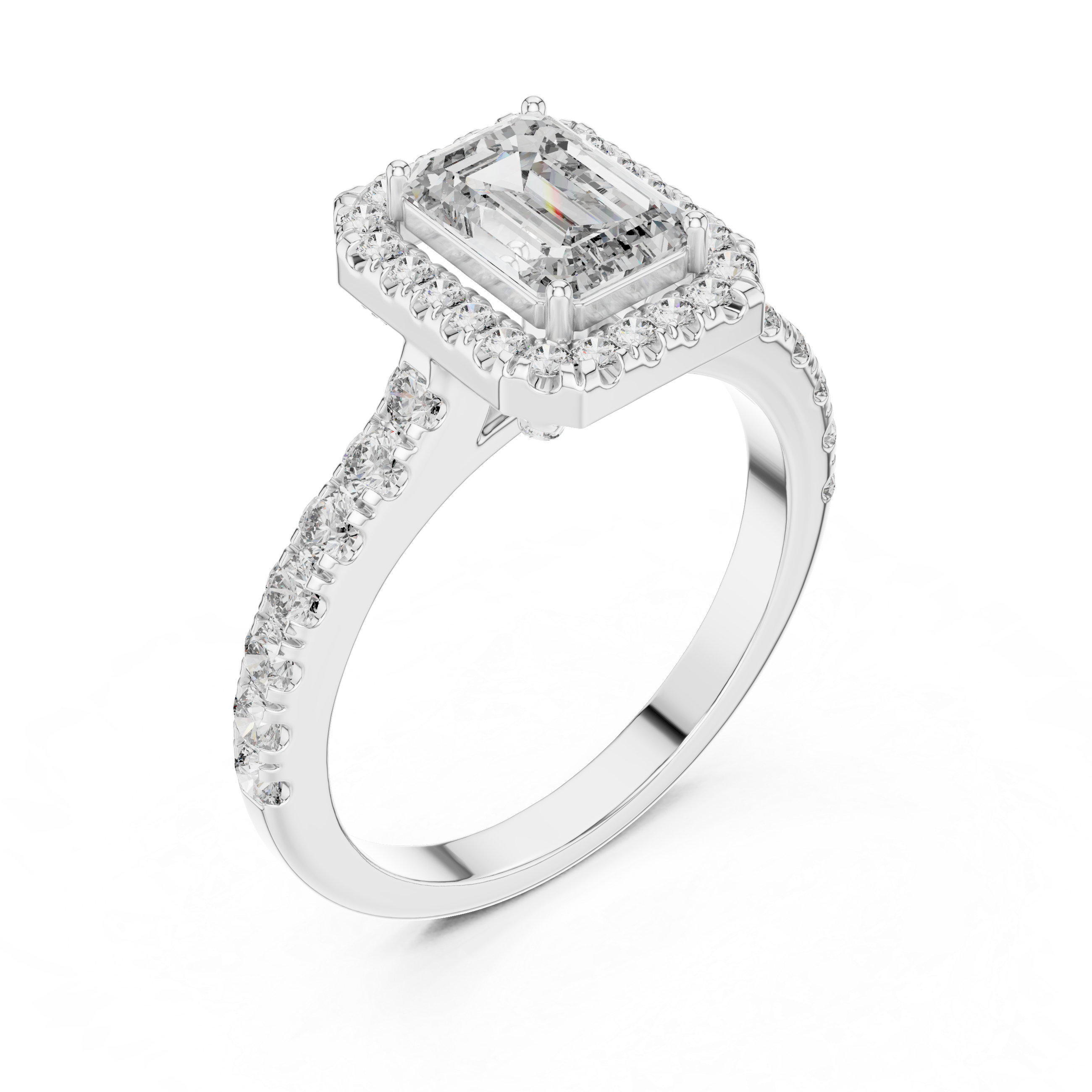 Emerald Cut Halo Diamond Ring with Pavé Band