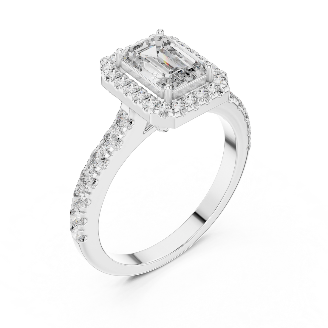 Emerald Cut Halo Diamond Ring with Pavé Band