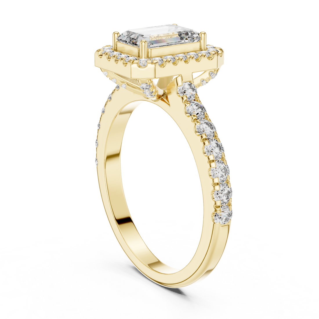 Emerald Cut Halo Diamond Ring with Pavé Band