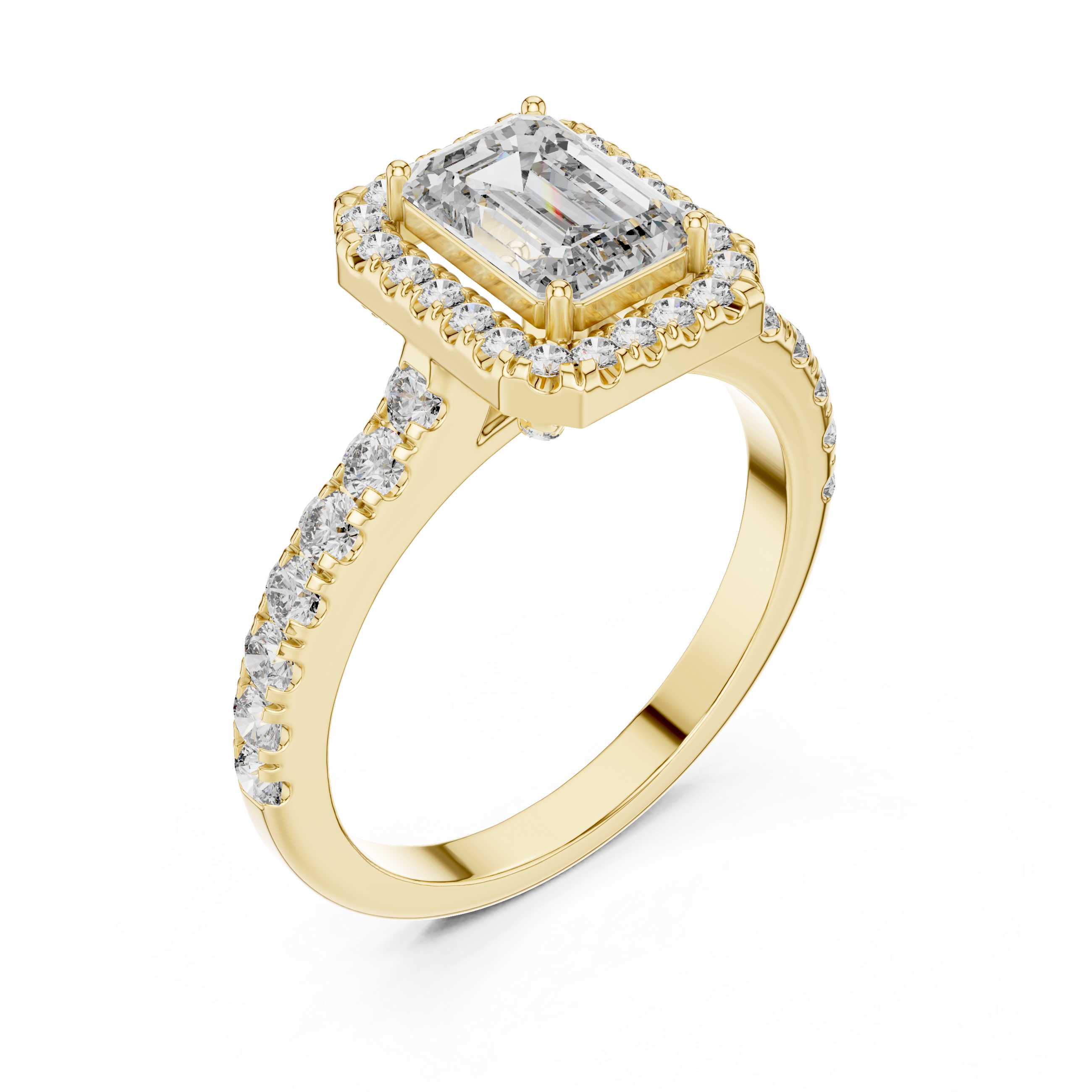 Emerald Cut Halo Diamond Ring with Pavé Band