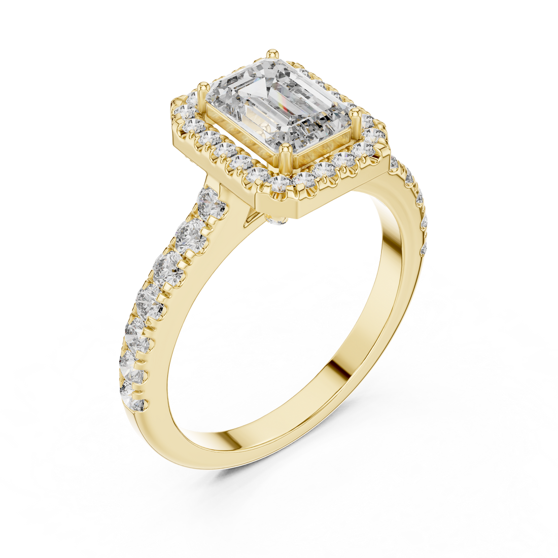 Emerald Cut Halo Diamond Ring with Pavé Band