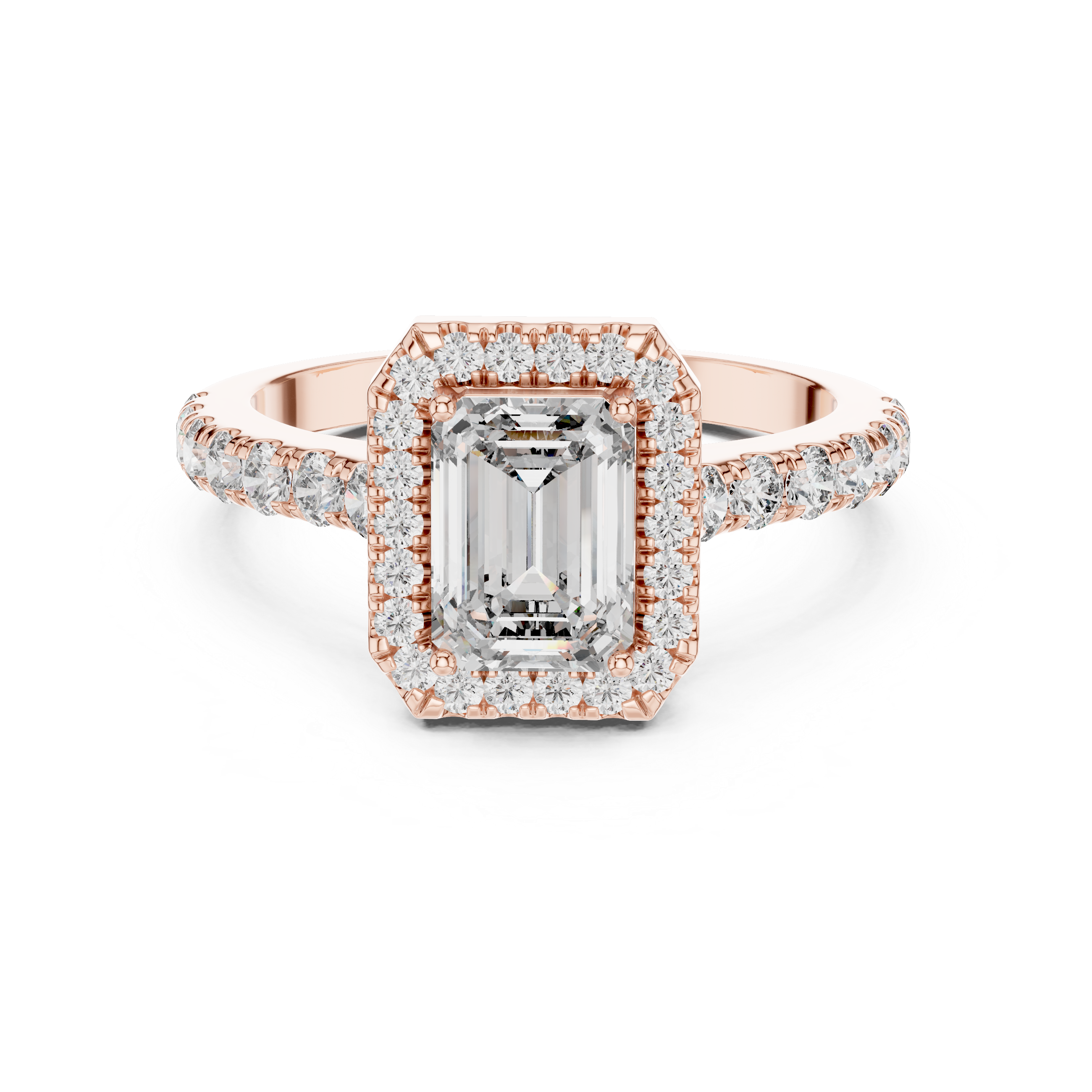Emerald Cut Halo Diamond Ring with Pavé Band