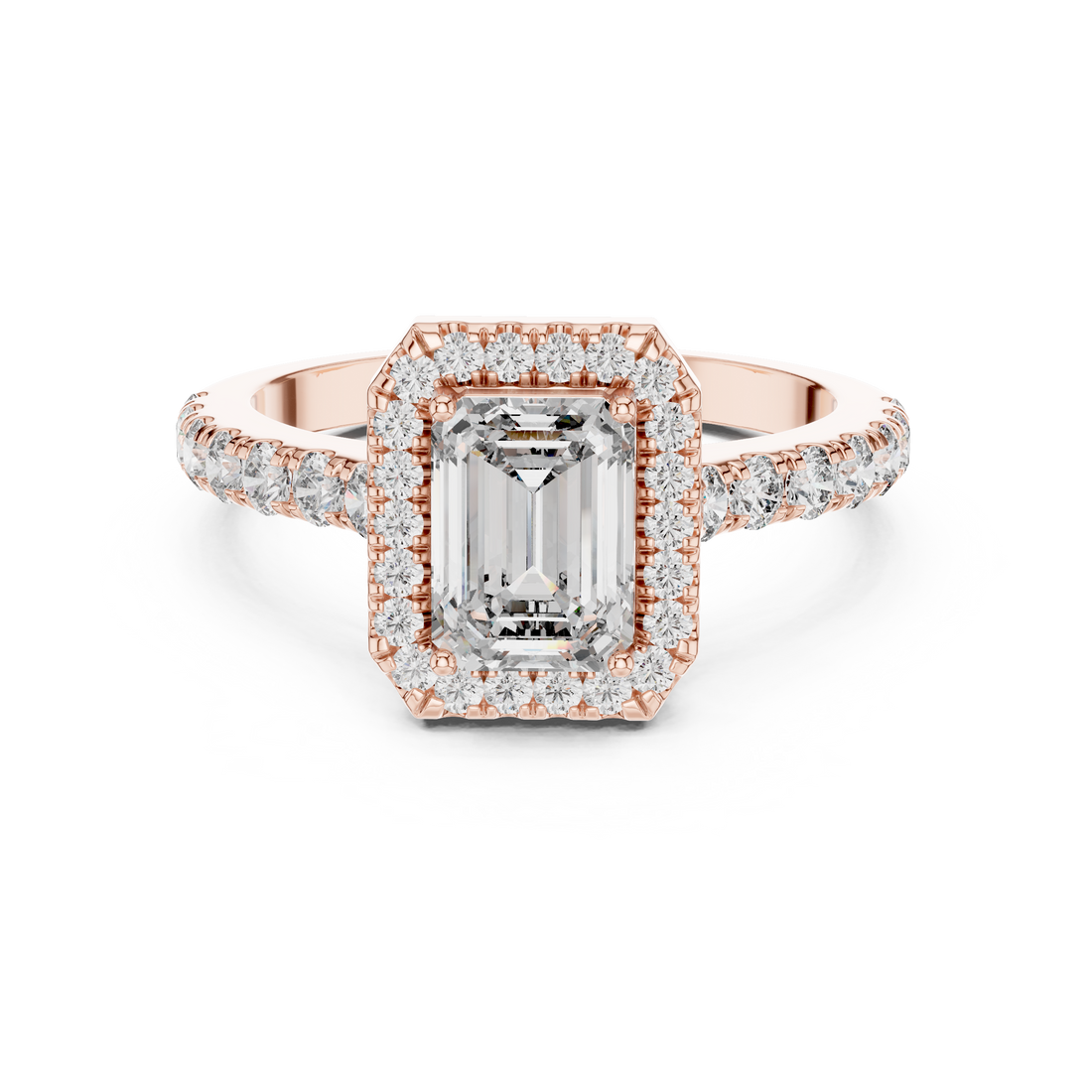 Emerald Cut Halo Diamond Ring with Pavé Band