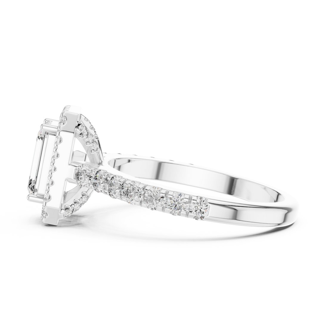 Emerald Cut Halo Diamond Ring with Pavé Band