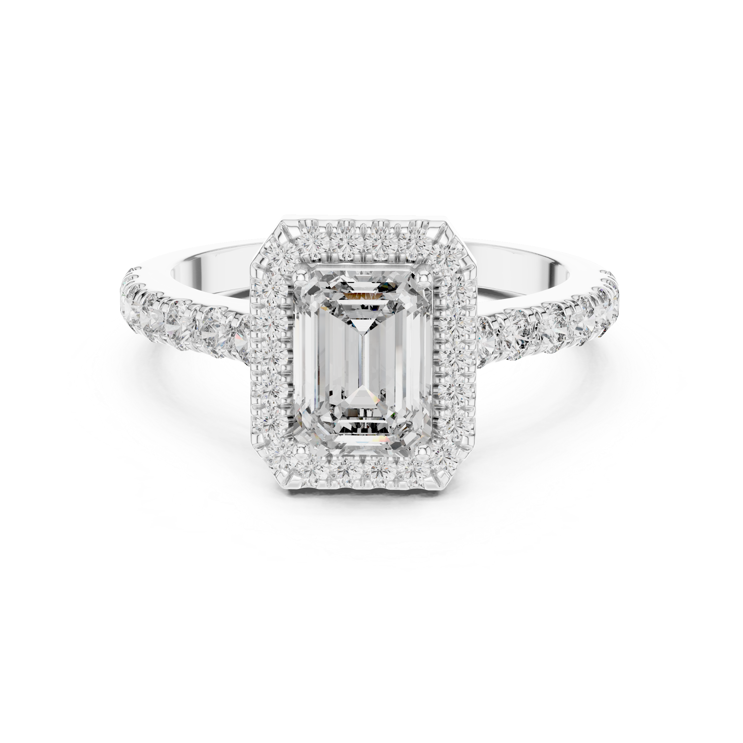 Emerald Cut Halo Diamond Ring with Pavé Band