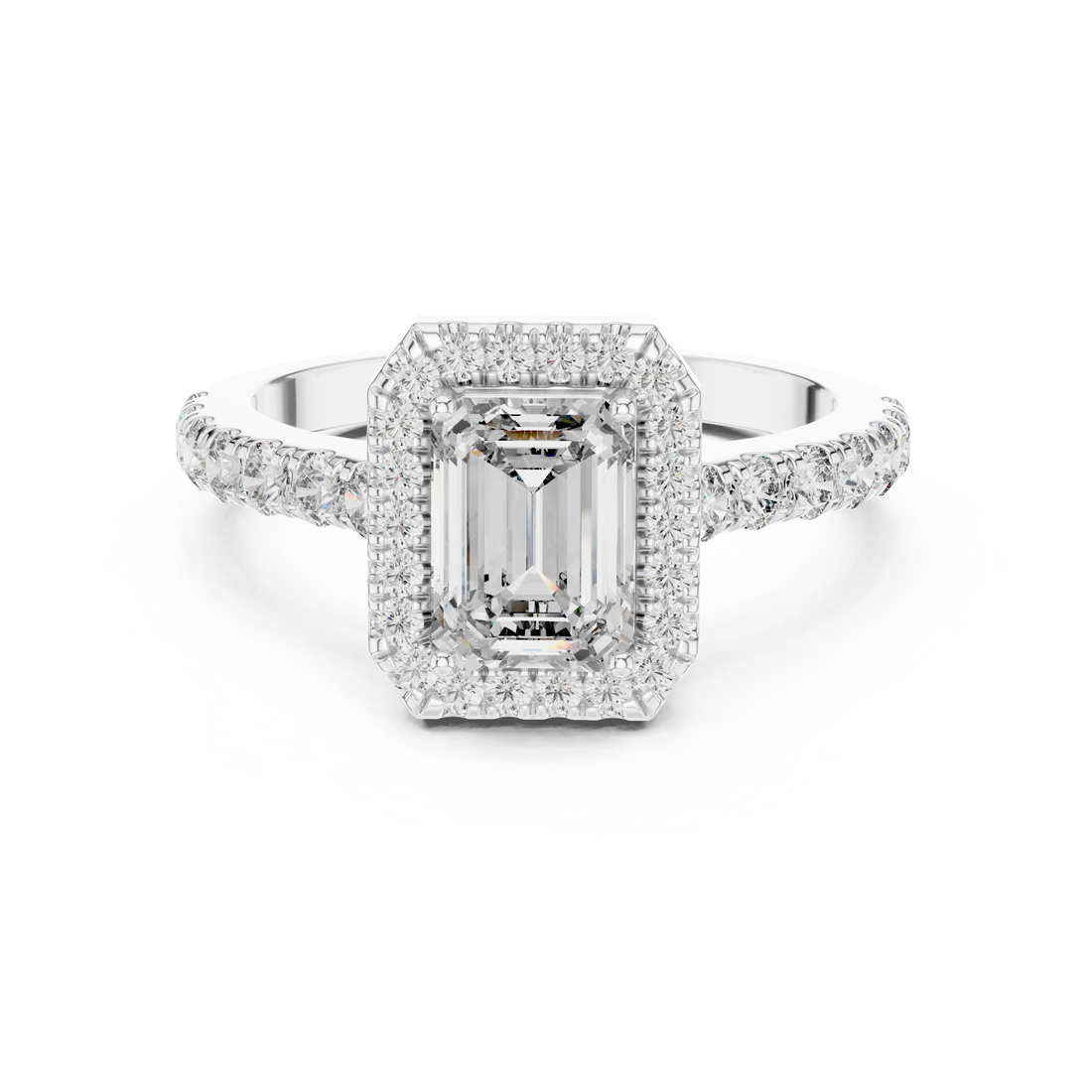 Emerald Cut Halo Diamond Ring with Pavé Band