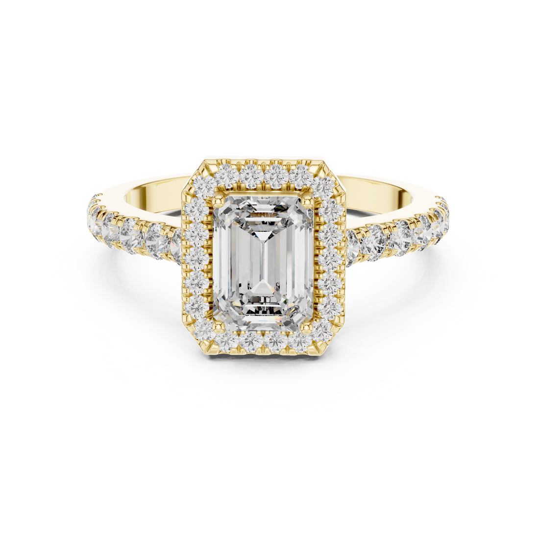 Emerald Cut Halo Diamond Ring with Pavé Band