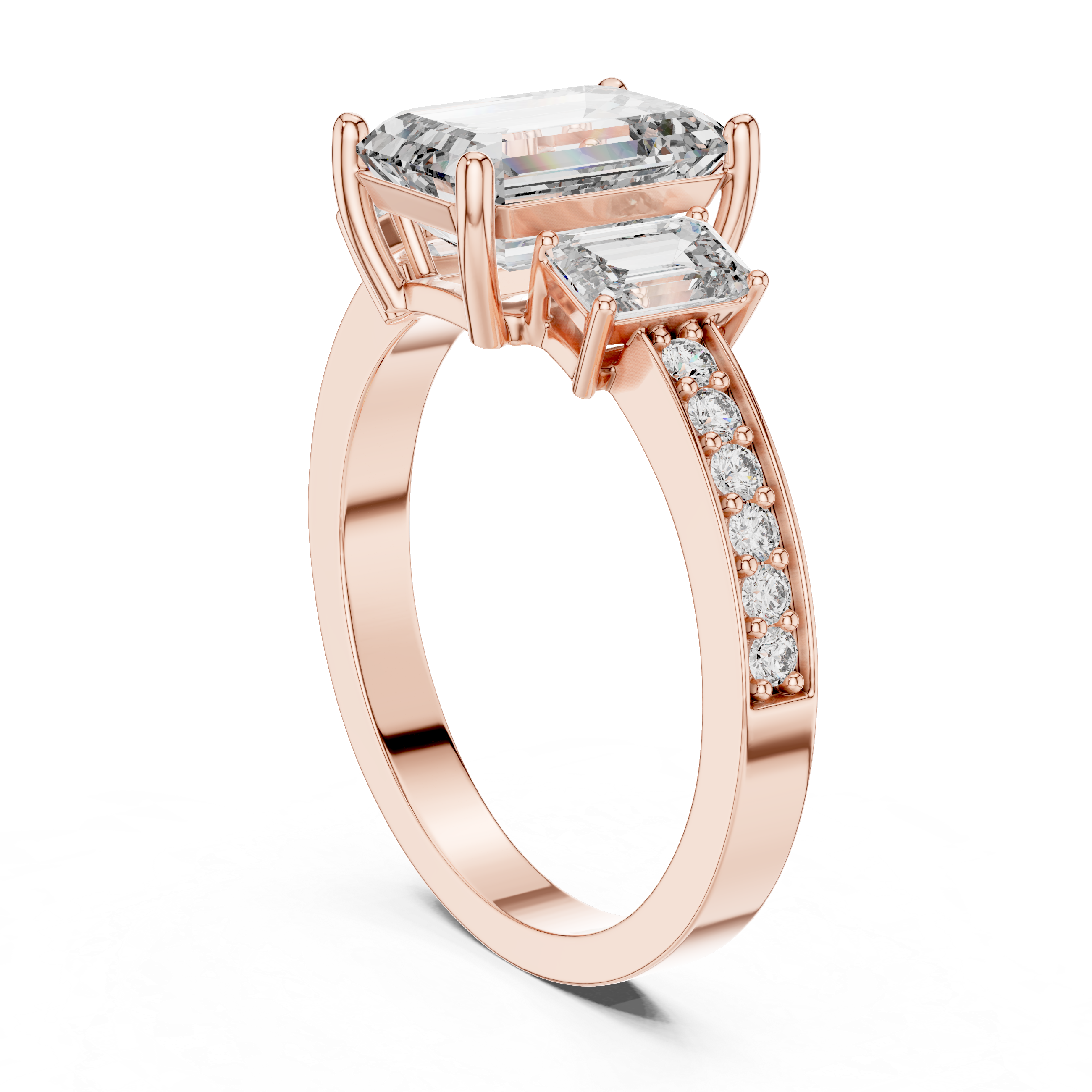 Emerald Cut Three-Stone Diamond Ring with Pavé Band