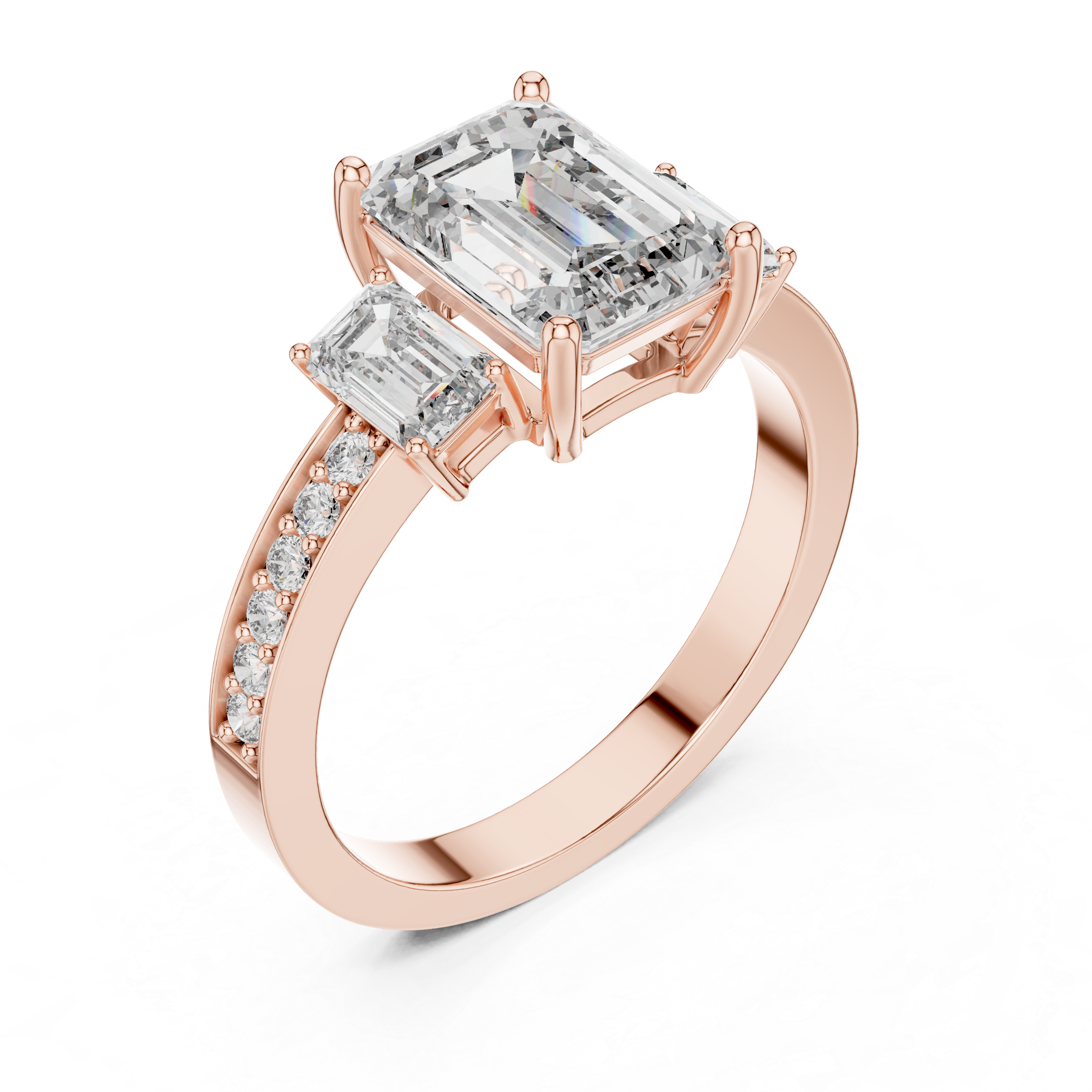 Emerald Cut Three-Stone Diamond Ring with Pavé Band
