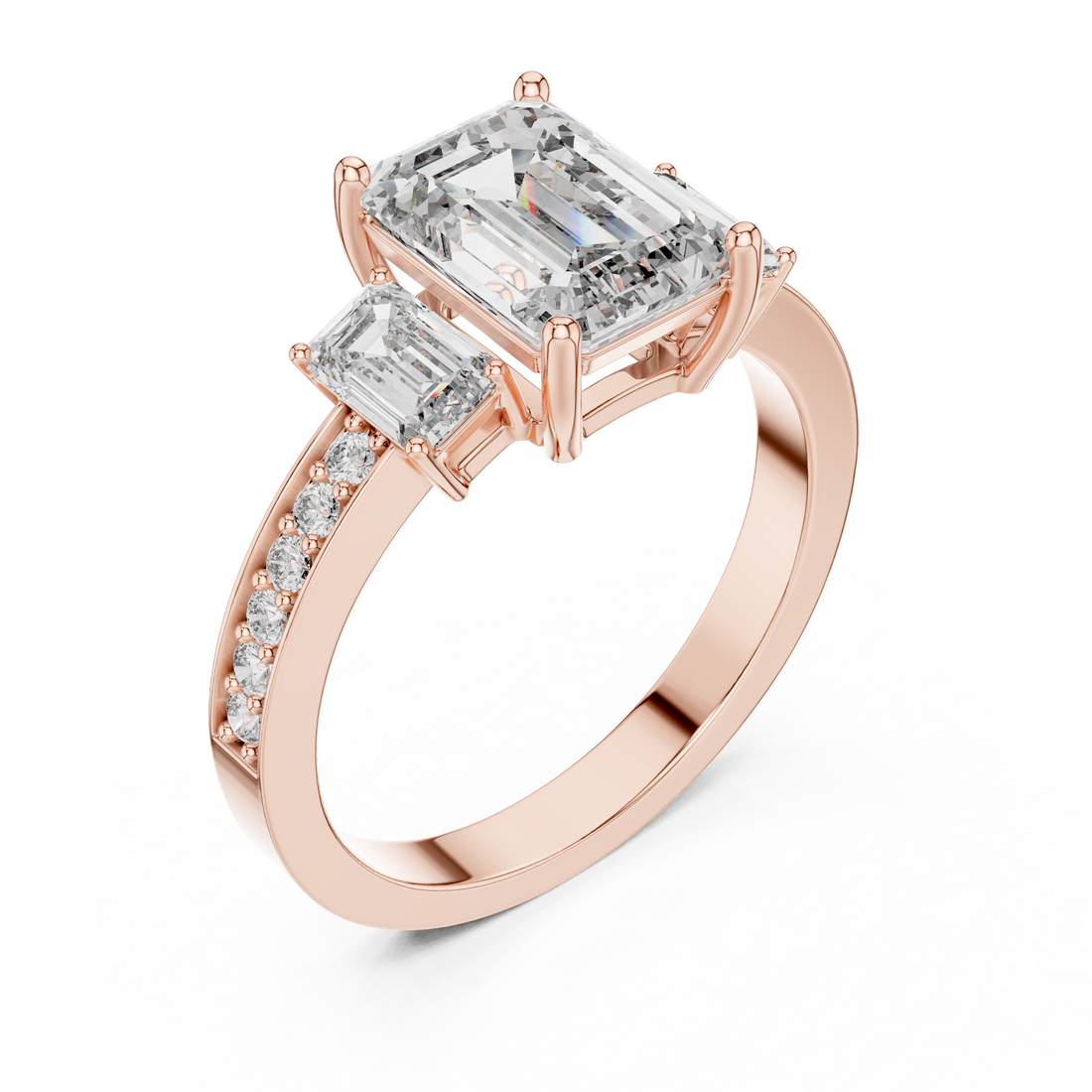 Emerald Cut Three-Stone Diamond Ring with Pavé Band