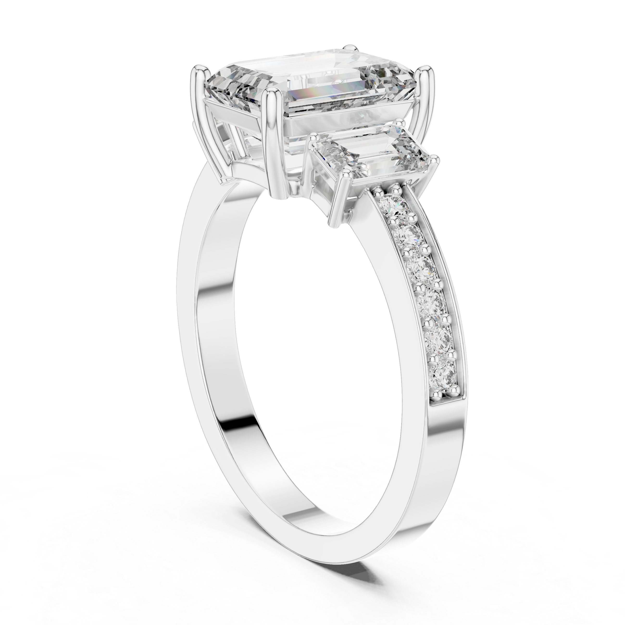 Emerald Cut Three-Stone Diamond Ring with Pavé Band