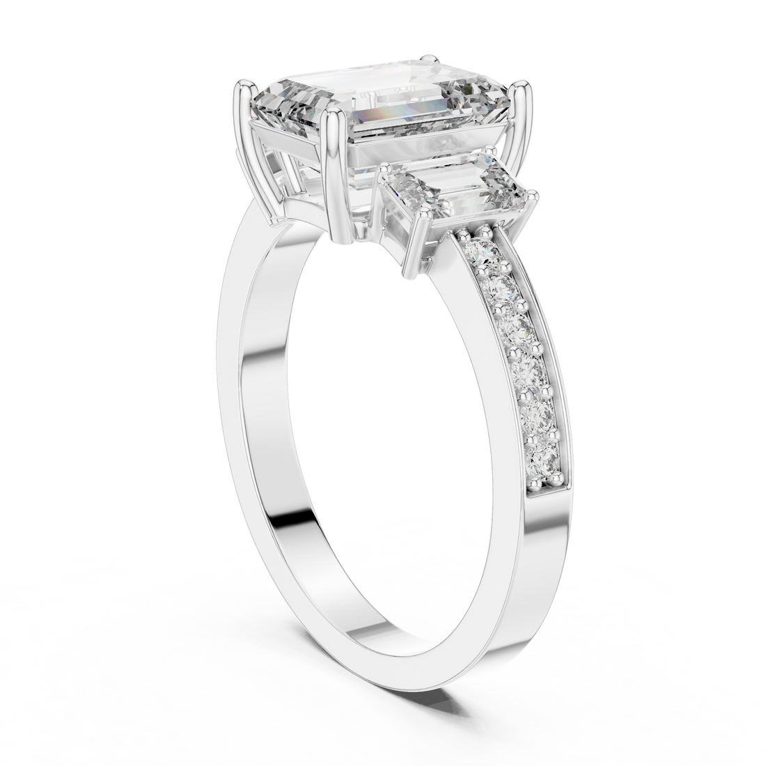 Emerald Cut Three-Stone Diamond Ring with Pavé Band