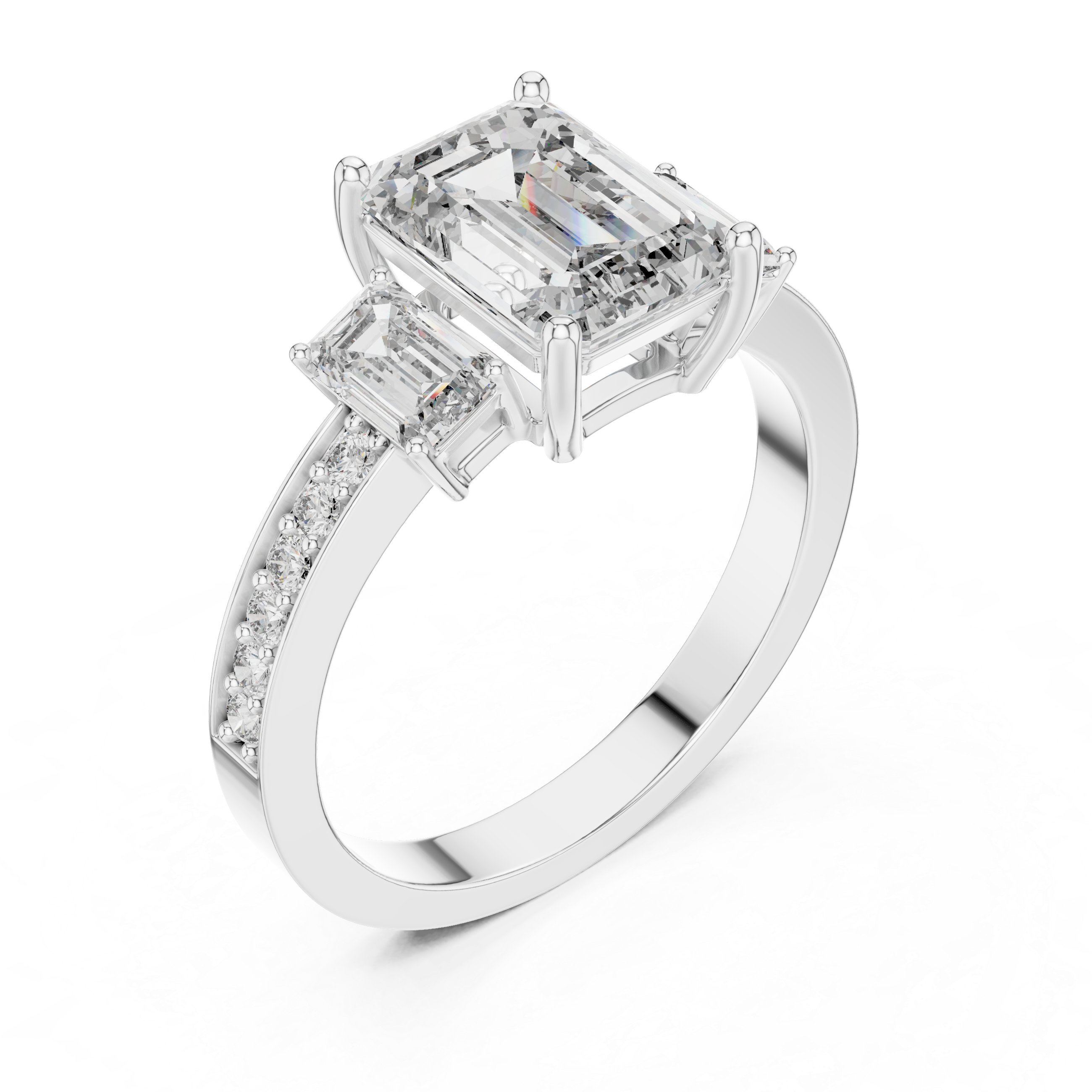 Emerald Cut Three-Stone Diamond Ring with Pavé Band