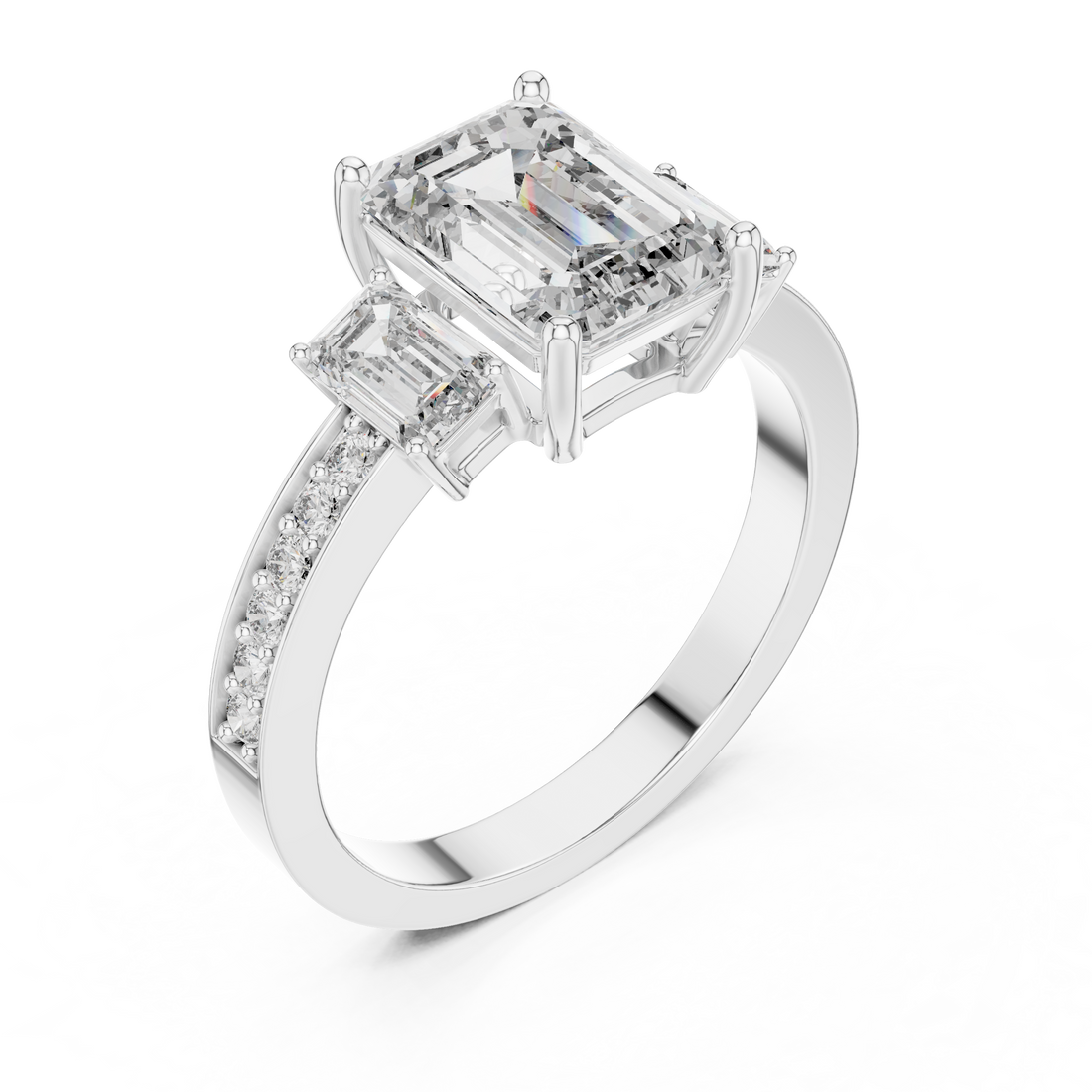 Emerald Cut Three-Stone Diamond Ring with Pavé Band