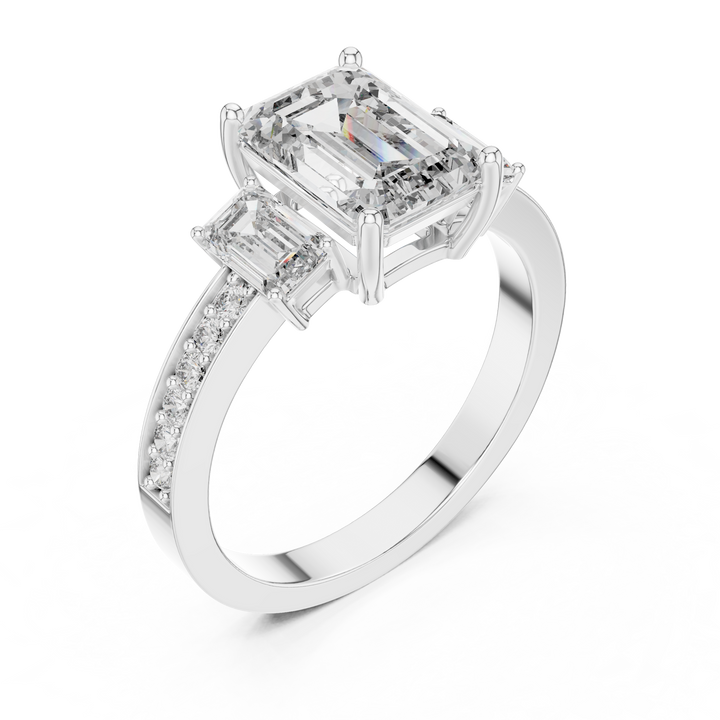 Emerald Cut Three-Stone Diamond Ring with Pavé Band